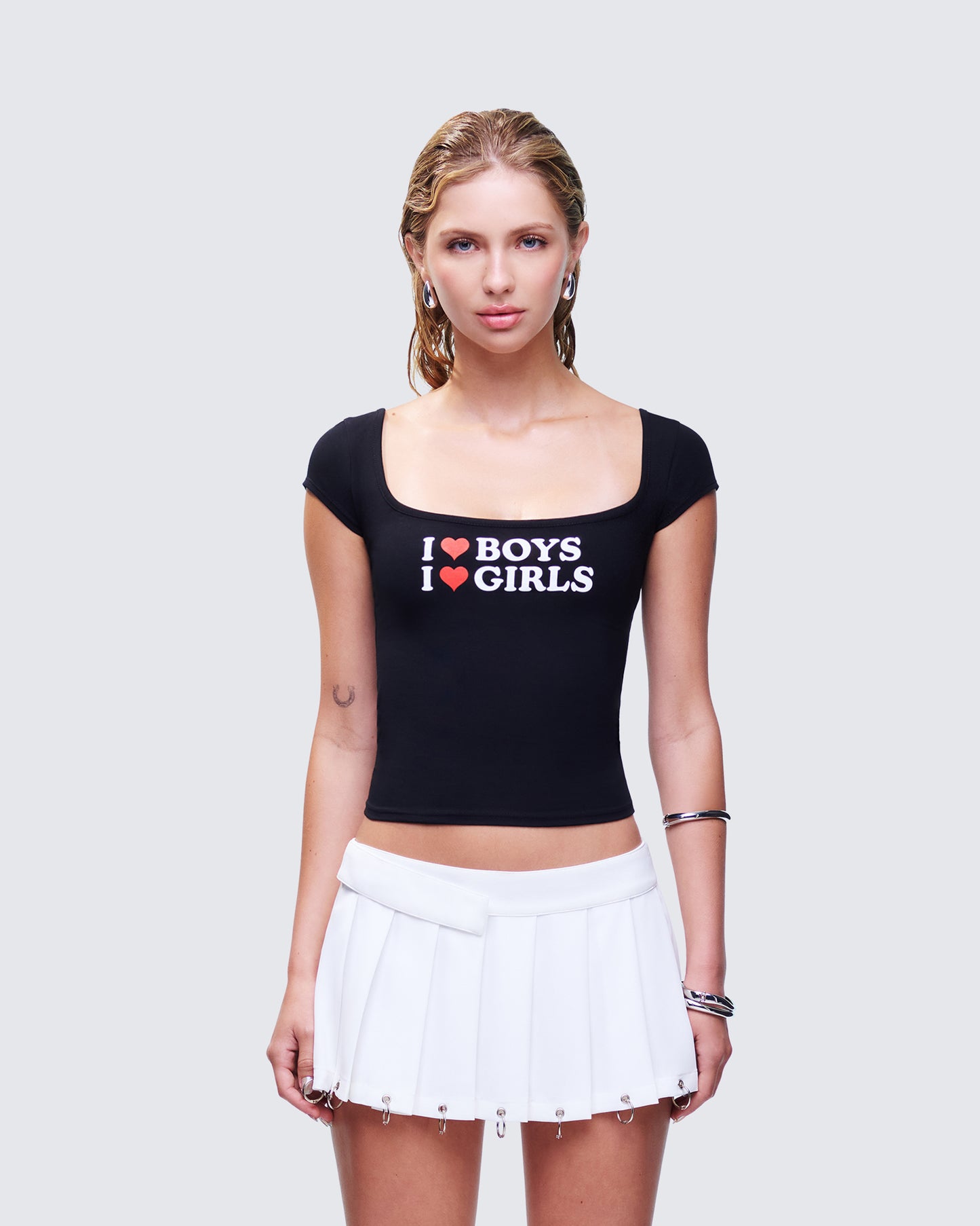 Zoya Black Slogan Scoop Neck Tee model front