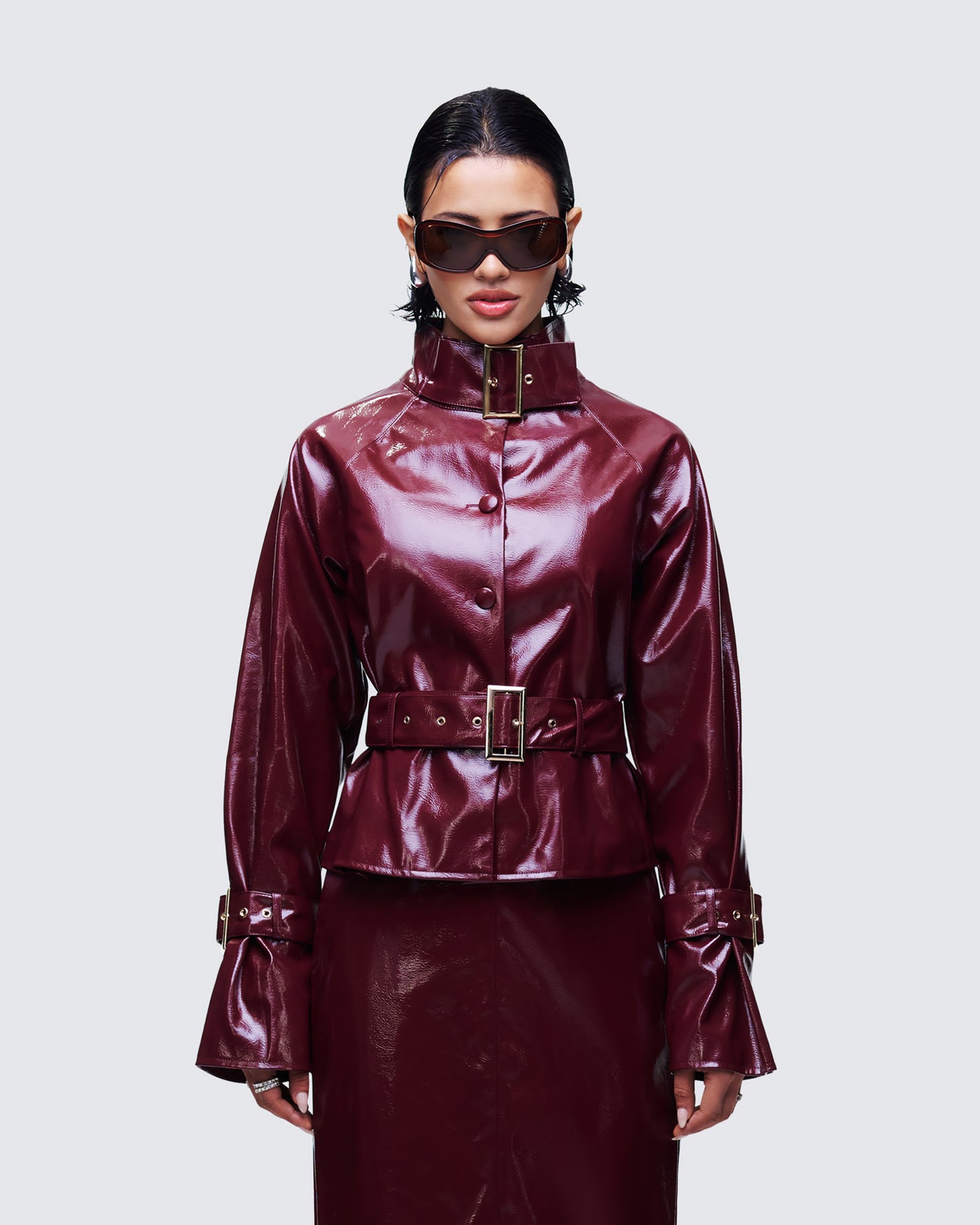 Matilde Plum Vegan Leather Buckle Detail Jacket model Front