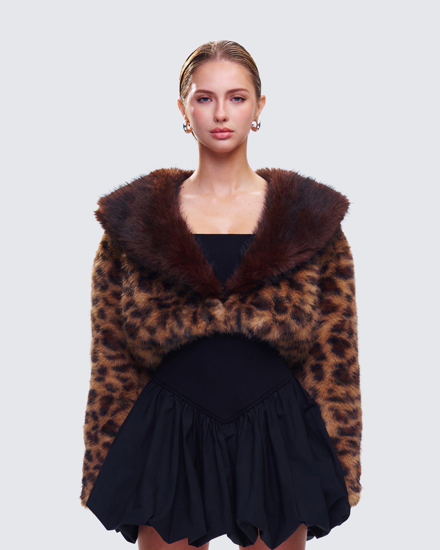 Kenza Brown Faux Leopard Fur Jacket model front