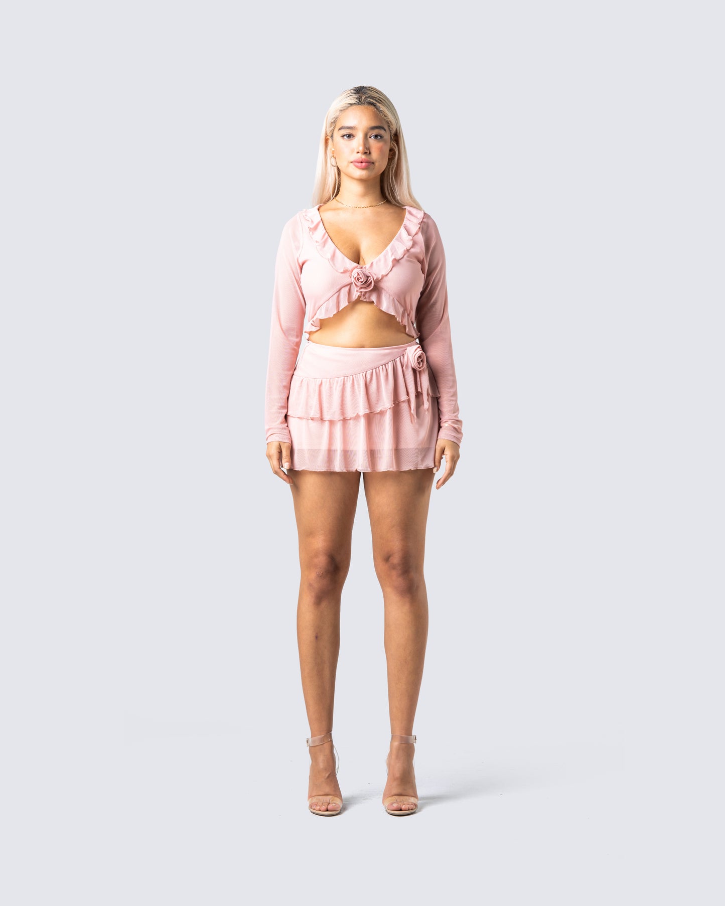 Marie Pink Mesh Ruffle Mini Skirt model front