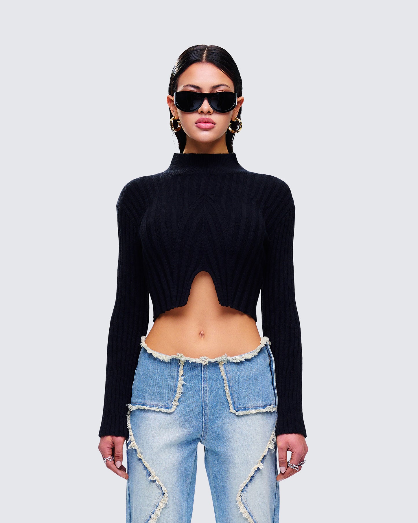 Travis Black Sweater Knit Top model front