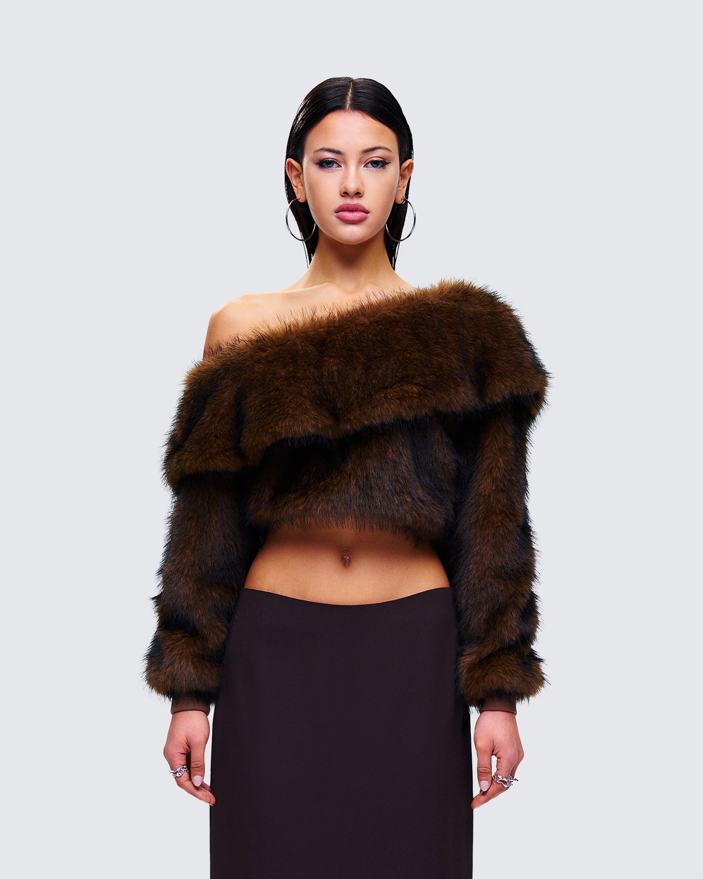 Nadi Brown Faux Fur Off Shoulder Top model front