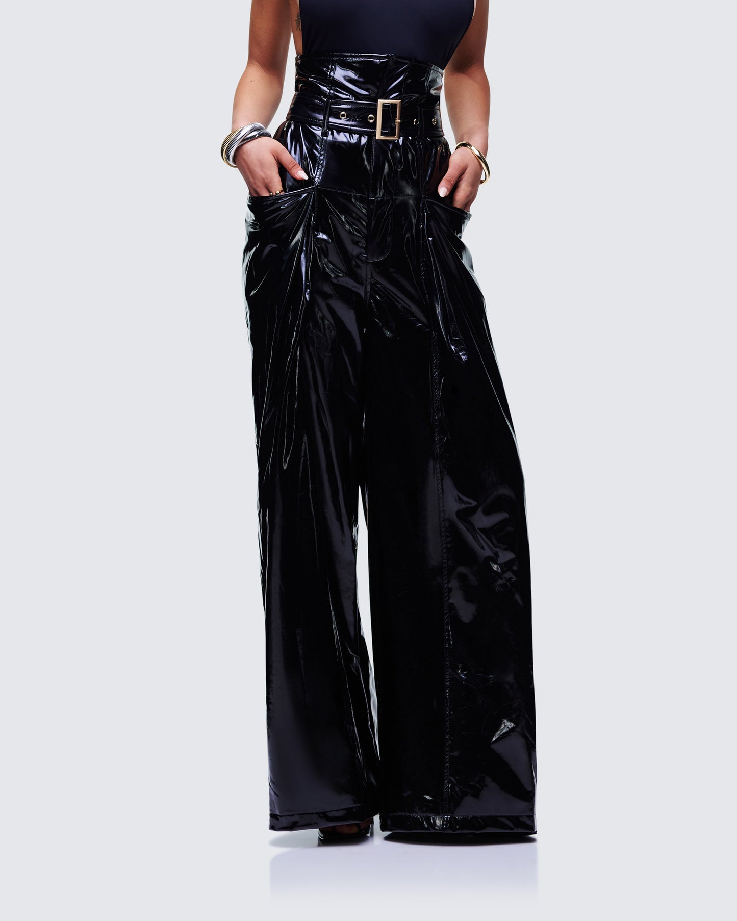 Melusine Black Vegan Leather Belted Paperbag Trousers
