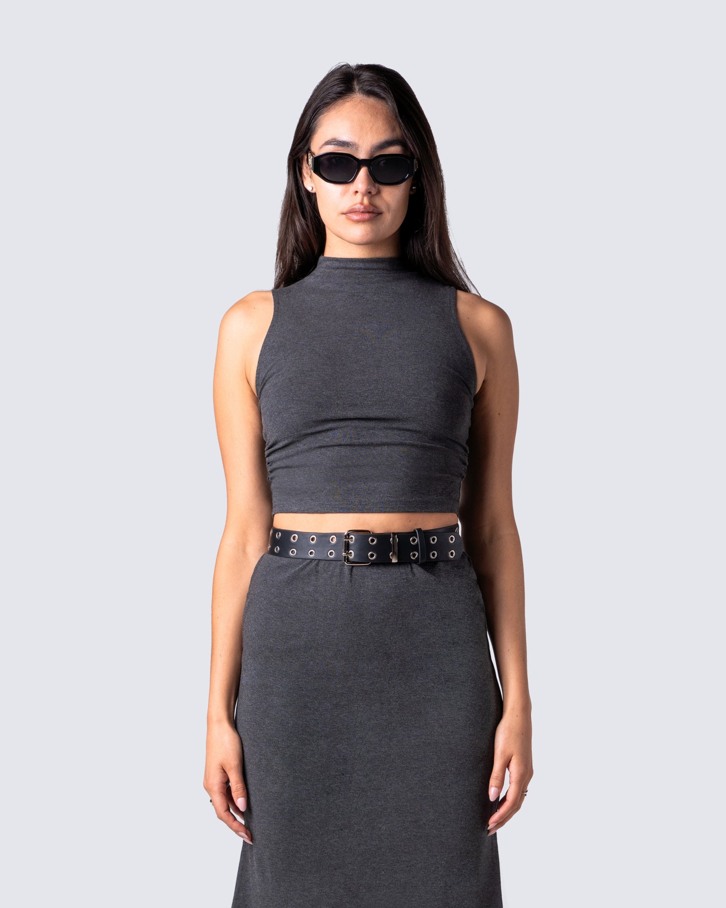 Nico Grey Jersey Mock Neck Top model front