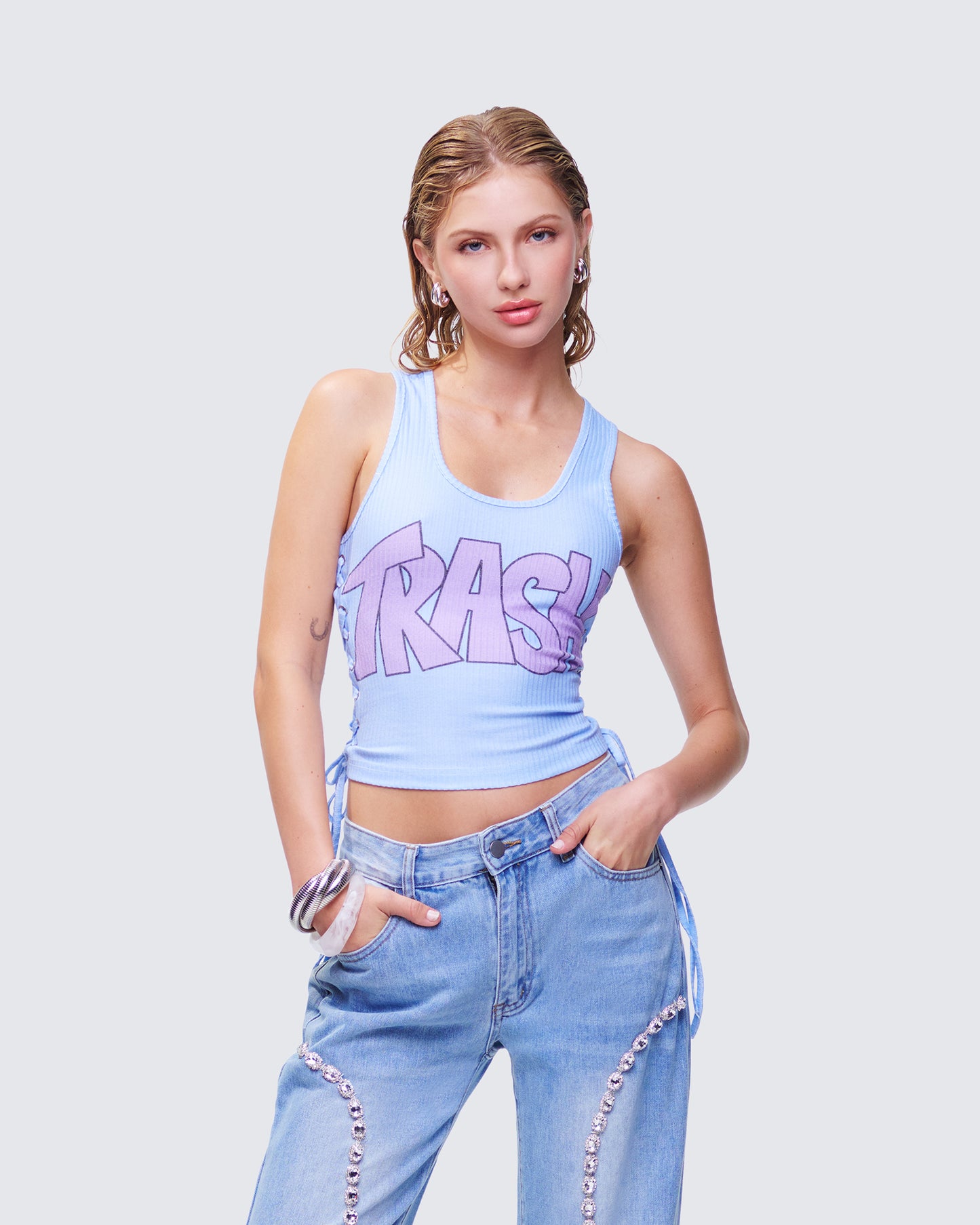 Nixie Blue Lace Up Graphic Tank