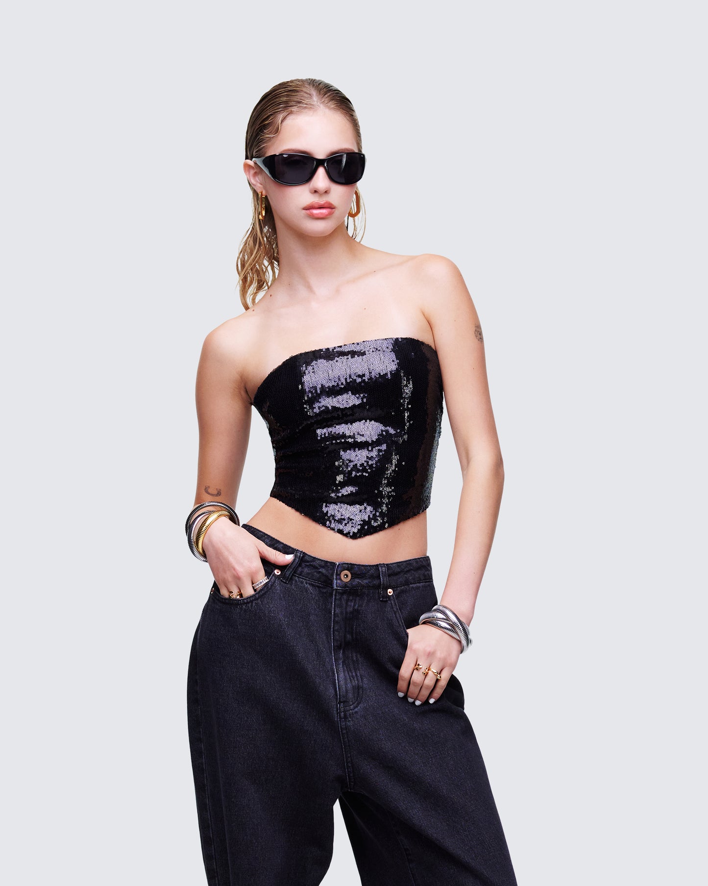 Astraia Black Sequin Bandeau Top