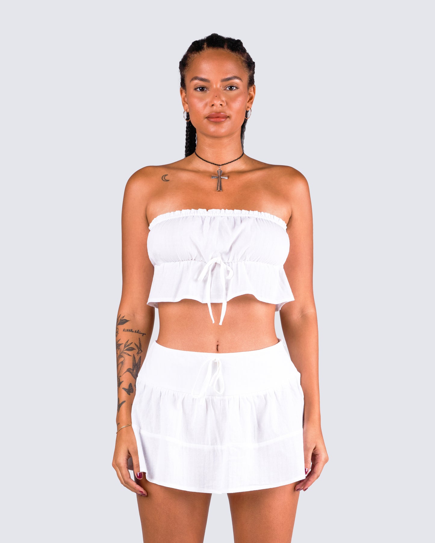 Elva White Cotton Strapless Top model front