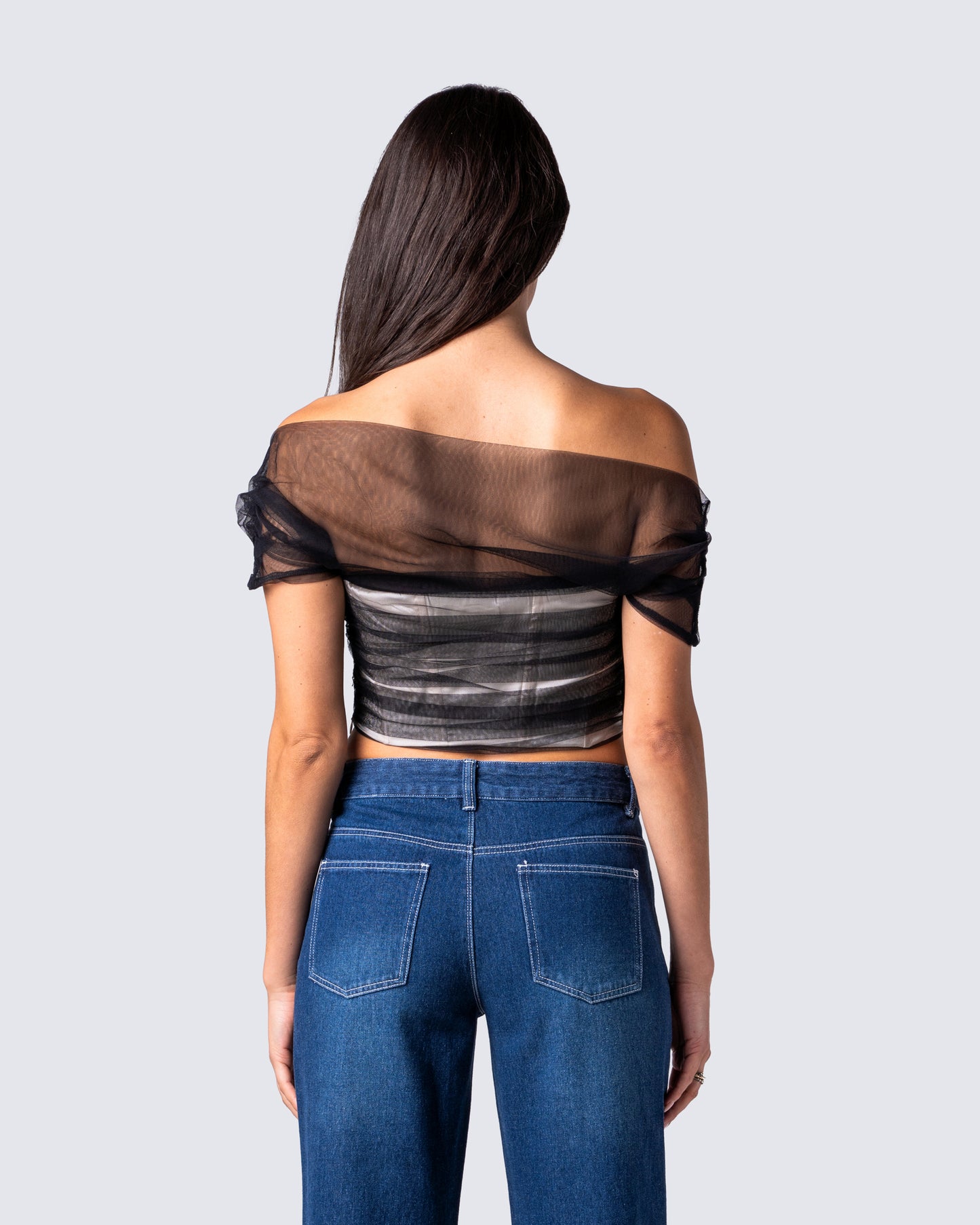 Baer Black Tulle Off Shoulder Top