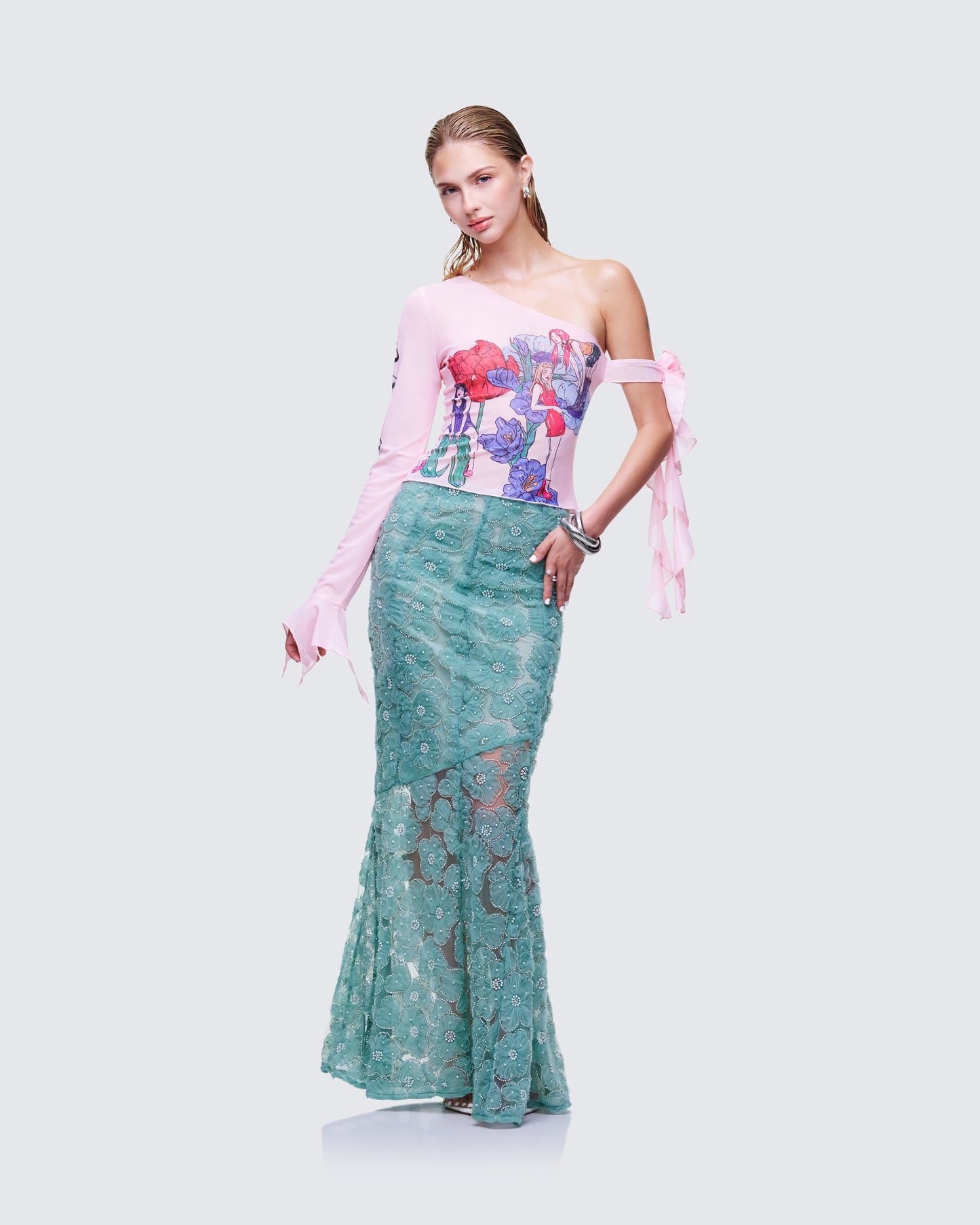 Sylphine Pink Printed Mesh Asymmetric Top