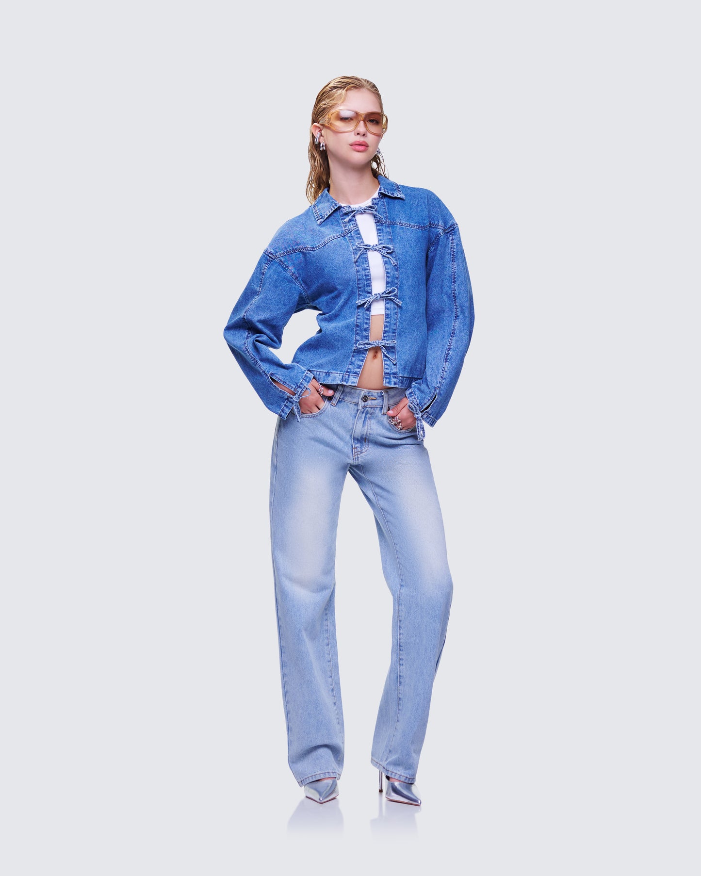 Freesia Blue Bow Tied Denim Shirt Jacket