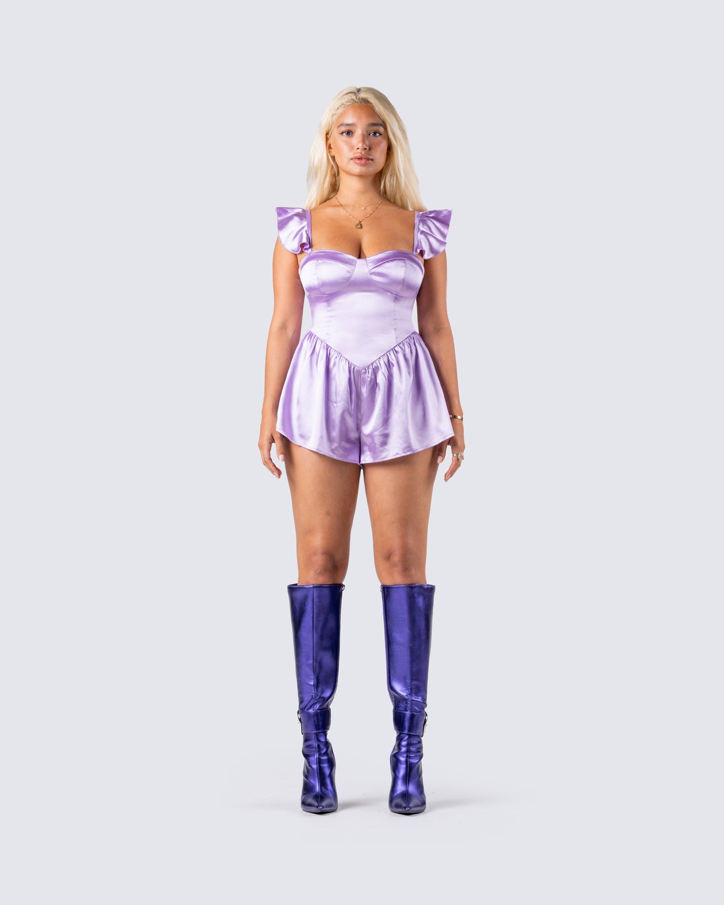 Nett Lavender Satin Ruffle Romper model front