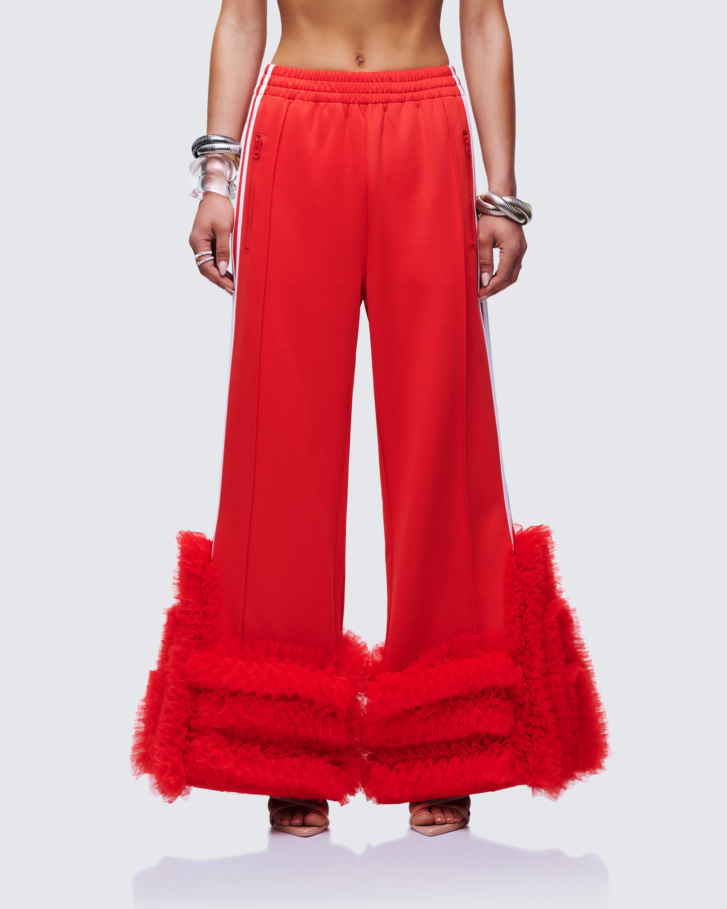 Romilda Red Mesh Ruffle Sweatpant model front