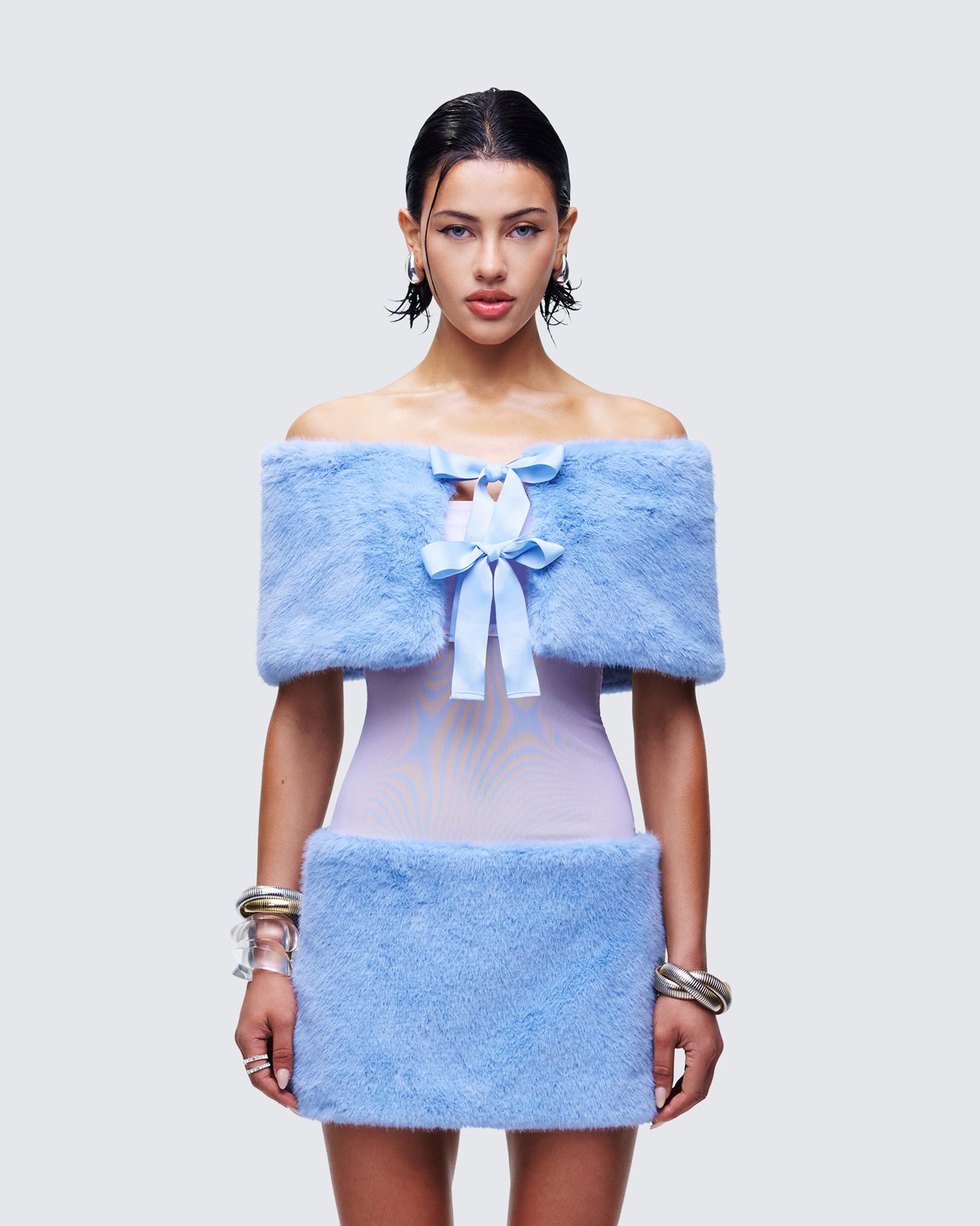Noelle Blue Faux Fur Shrug model front