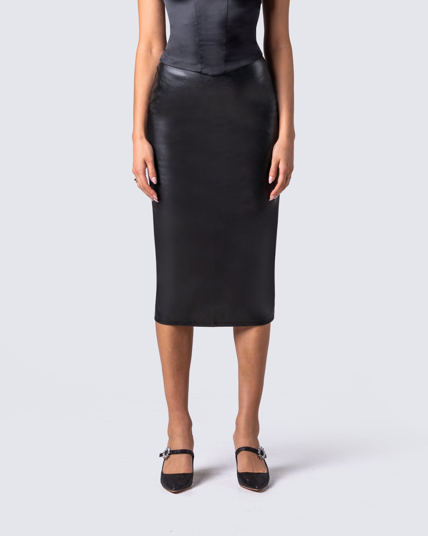 Badu Black Vegan Leather Skirt model front