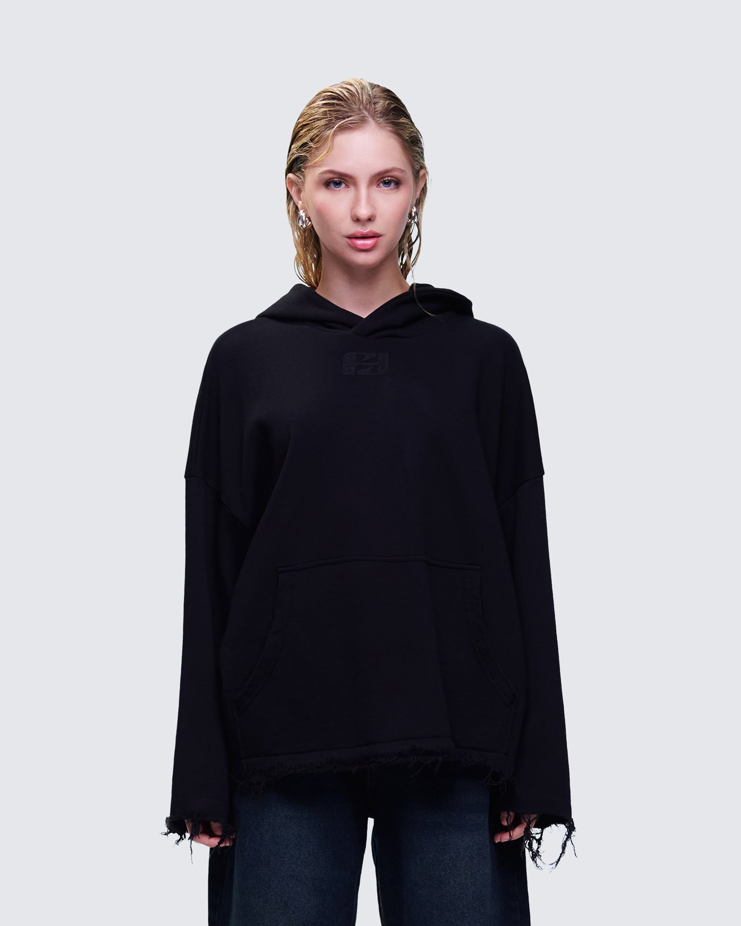 Aaralyn Black Distressed Hoodie model front