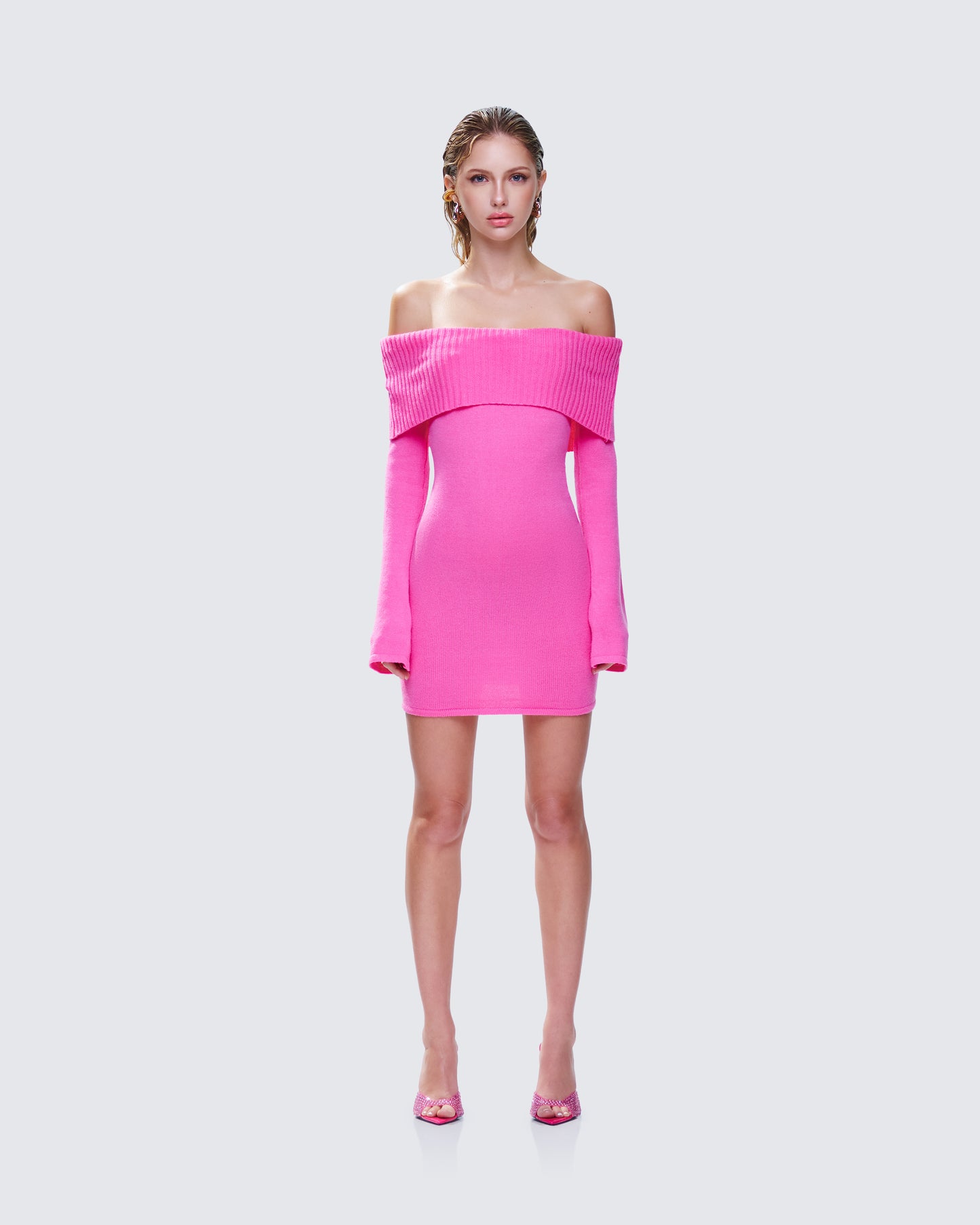Abeni Pink Sweater Mini Dress model front