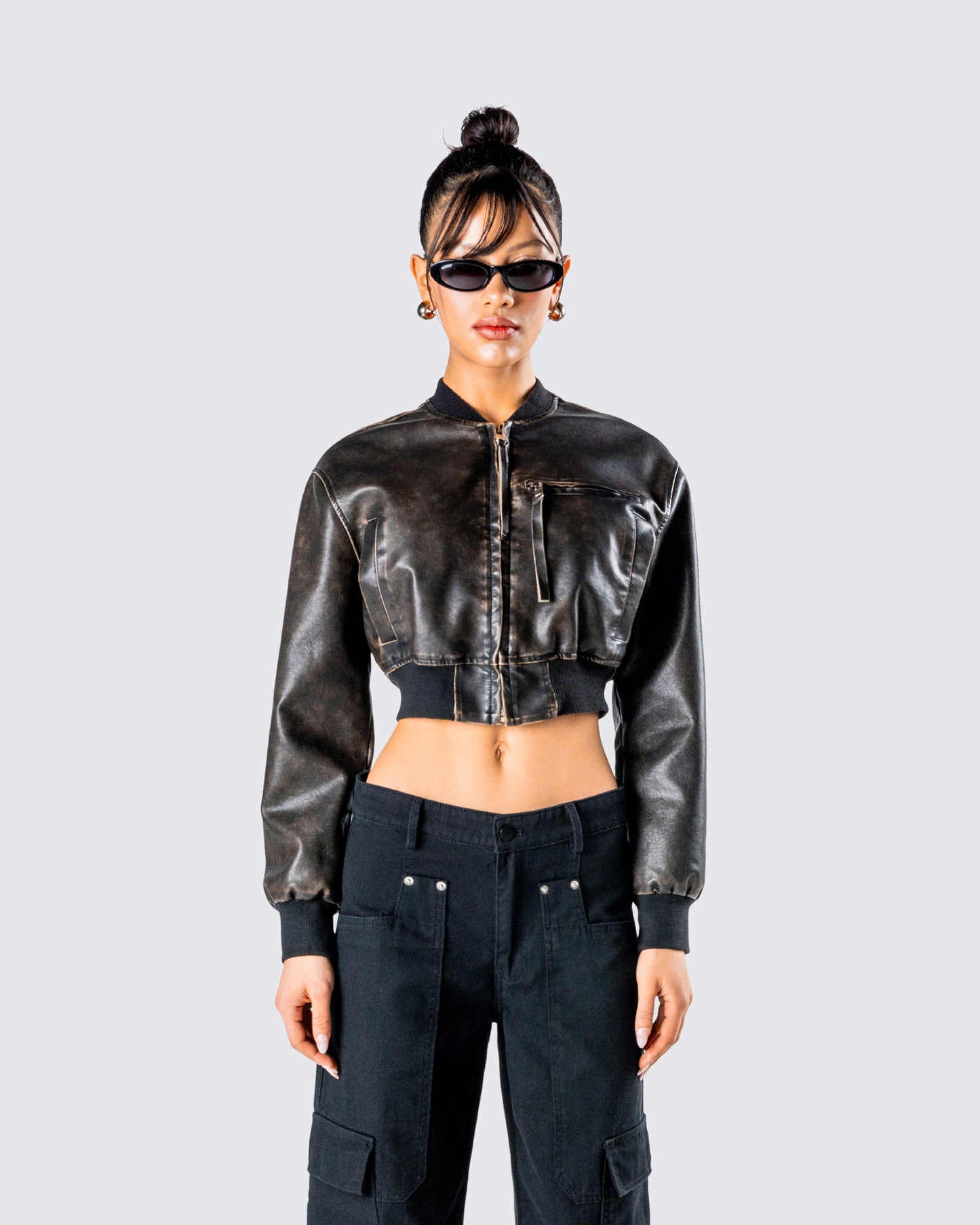 Ada Black Faux Leather Crop Jacket model front