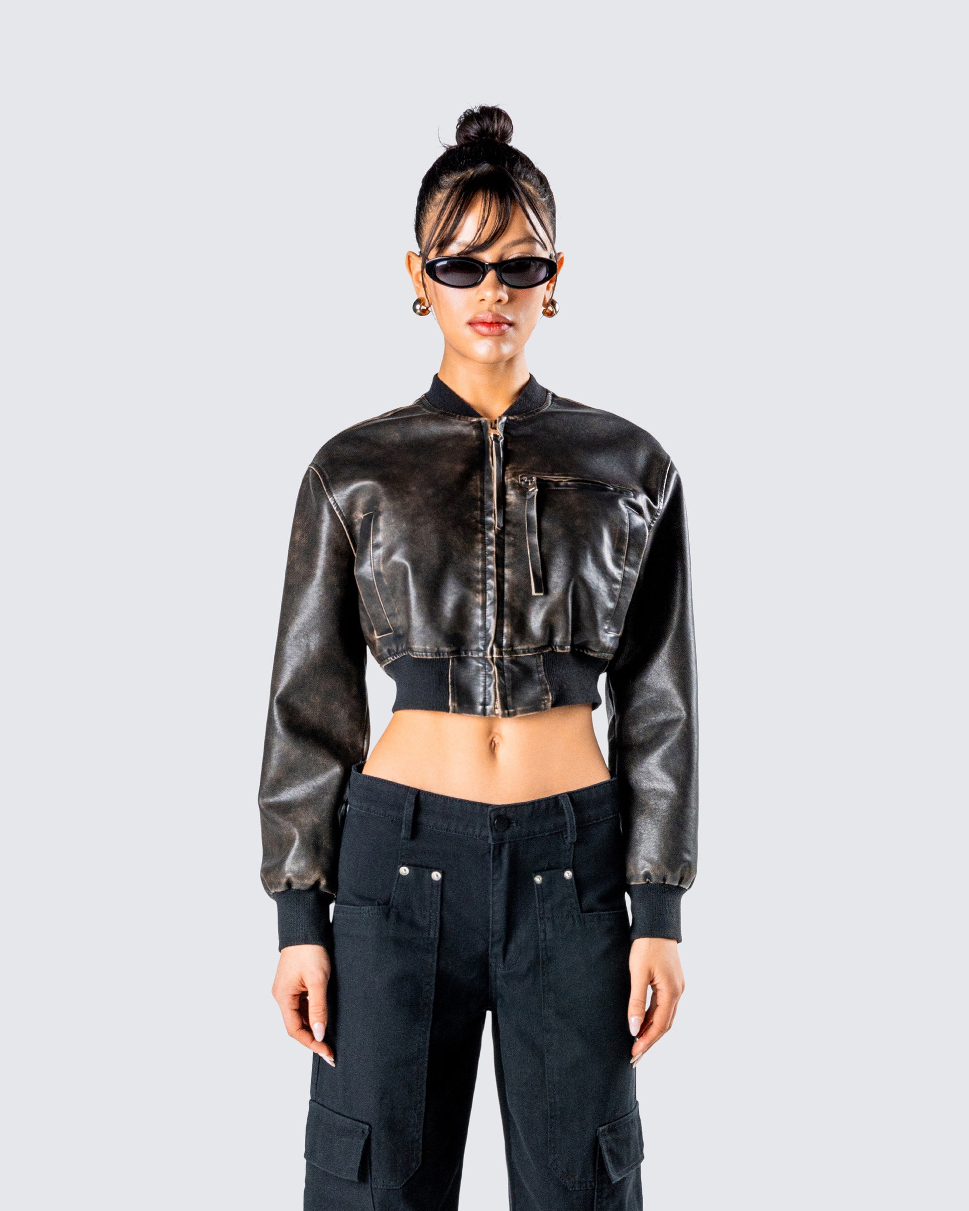 Ada Black Faux Leather Crop Jacket model front