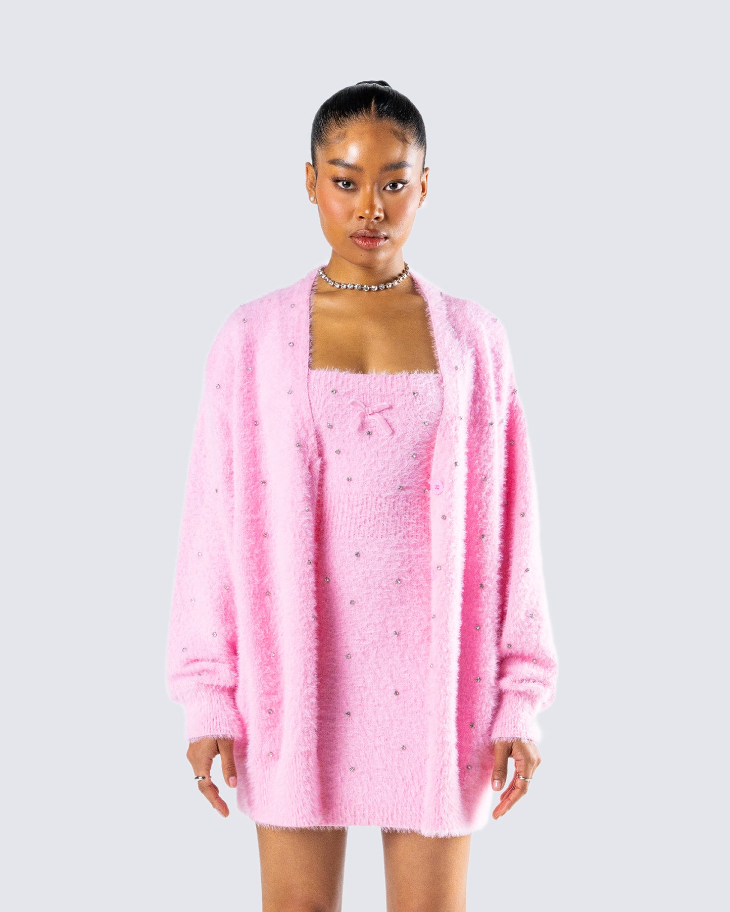 Adi Pink Fuzzy Knit Cardigan model front