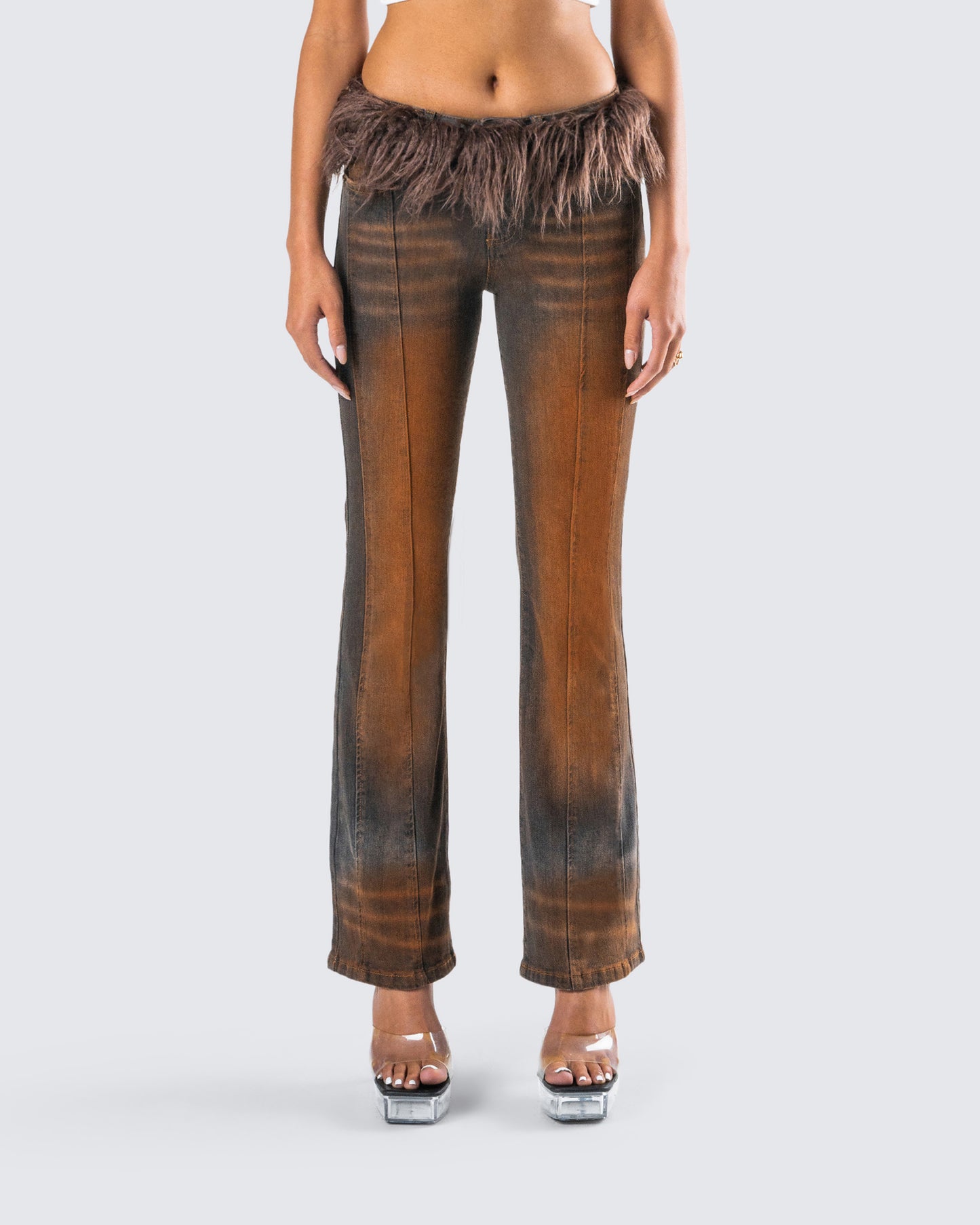 Adie Brown Denim Fur Jean model front
