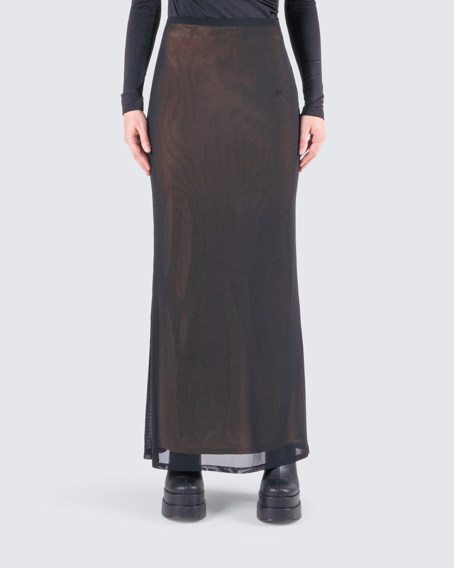 Aela Black Mesh Maxi Skirt model front