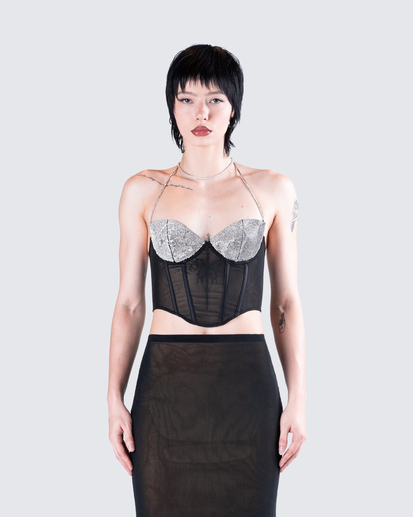 Aela Black Rhinestone Corset Top model front