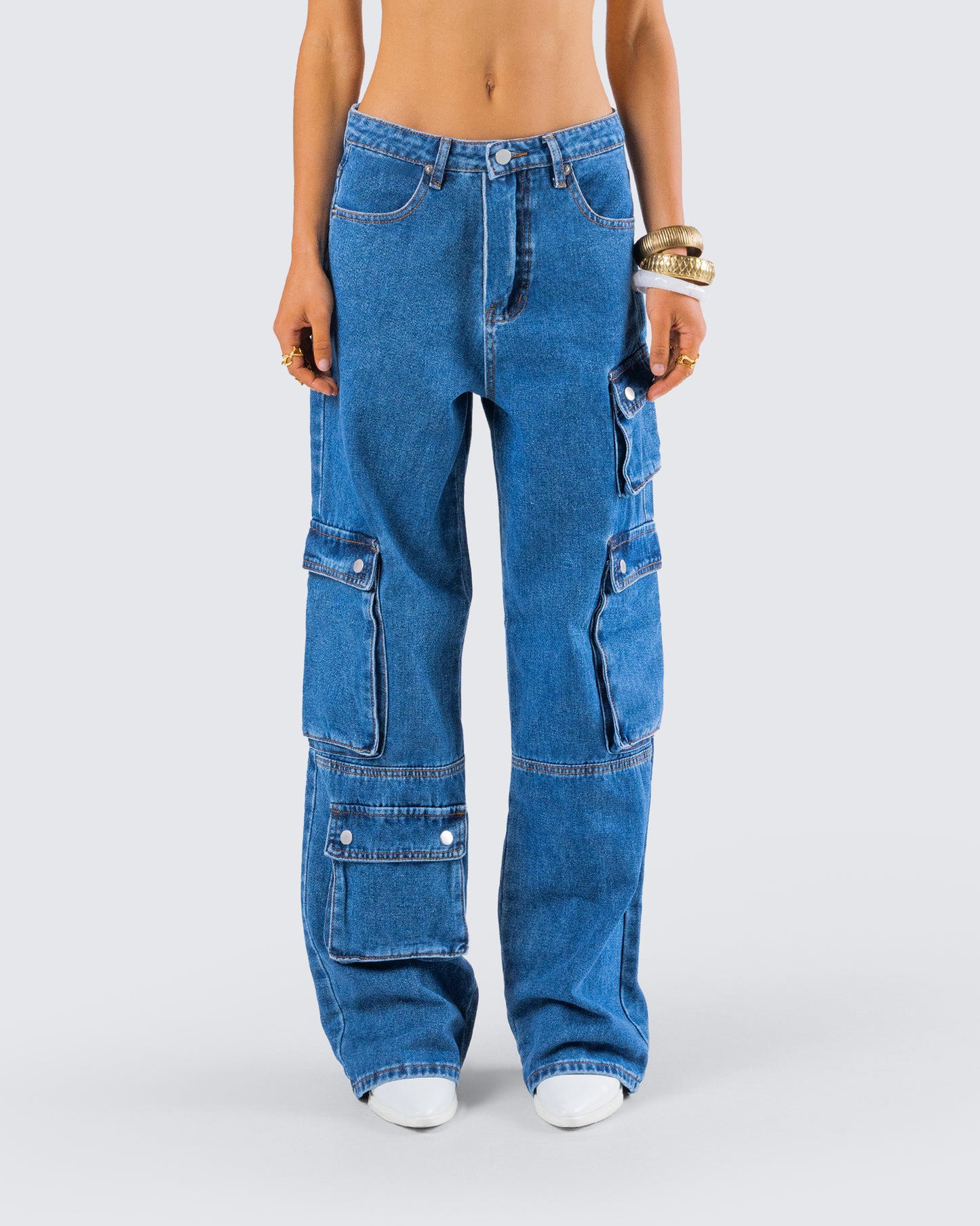 Agnetha Blue Denim Cargo Pant model front