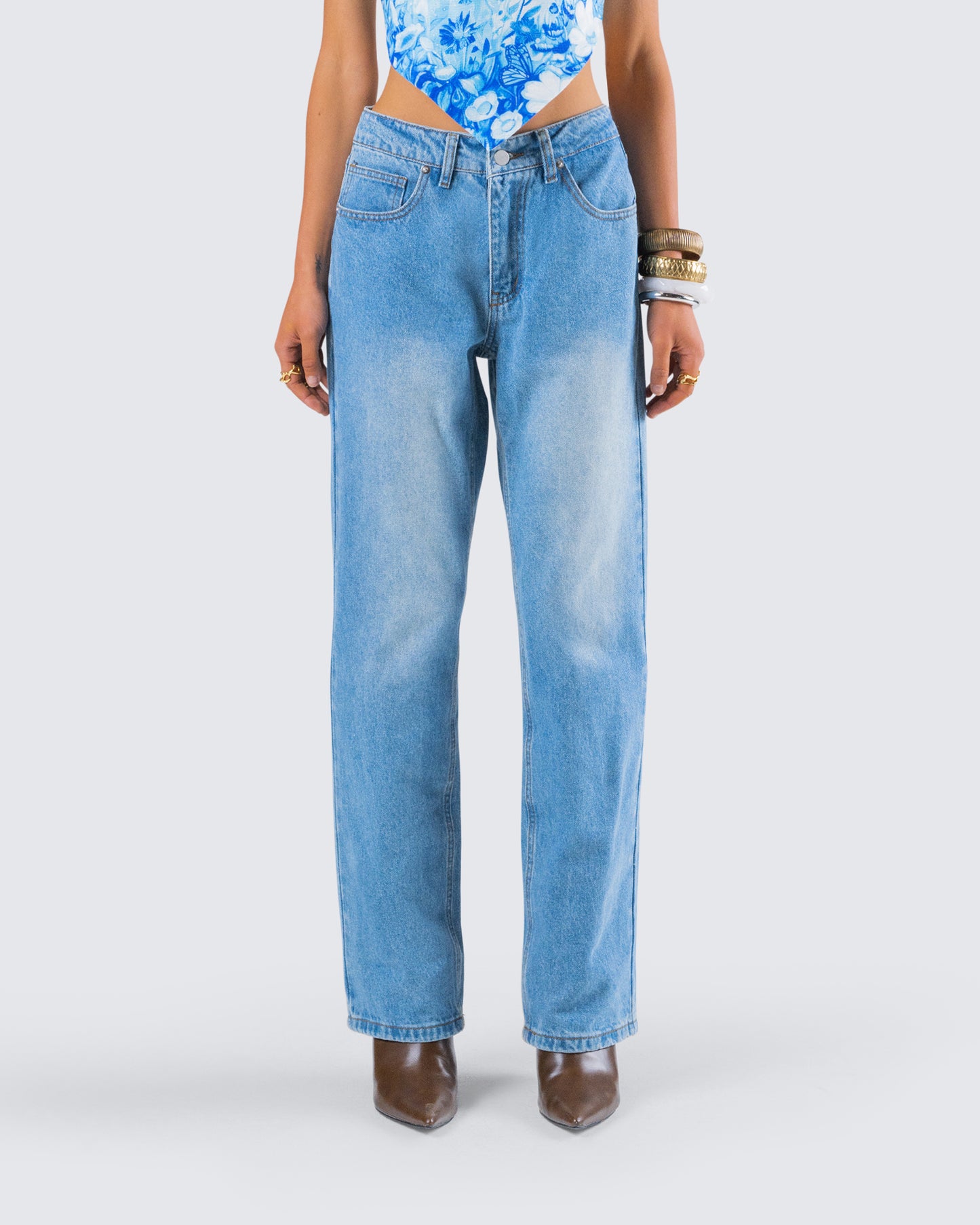 Ahmeira Blue Denim Jean model front