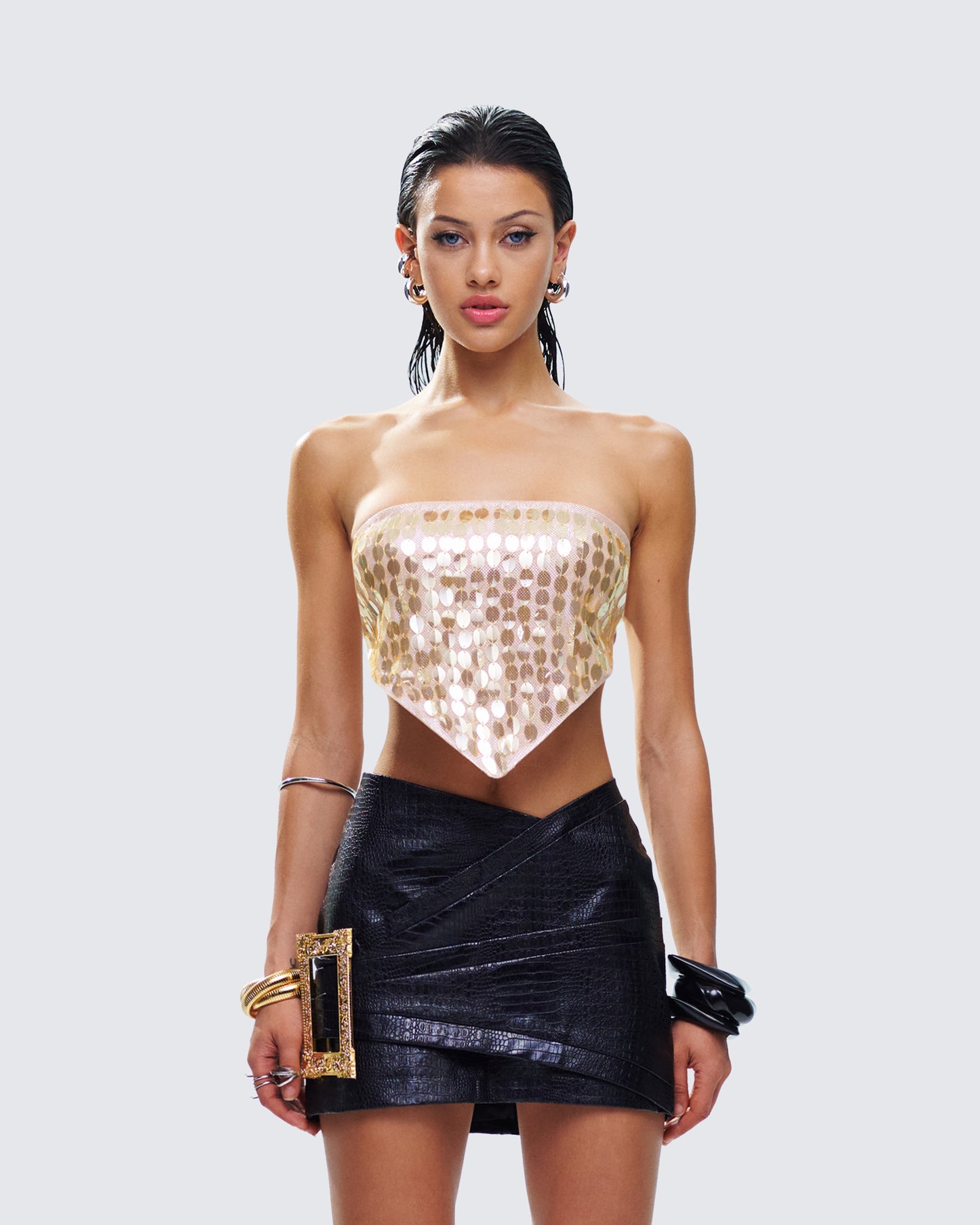 Aida Gold Sequin Bandana Top model front