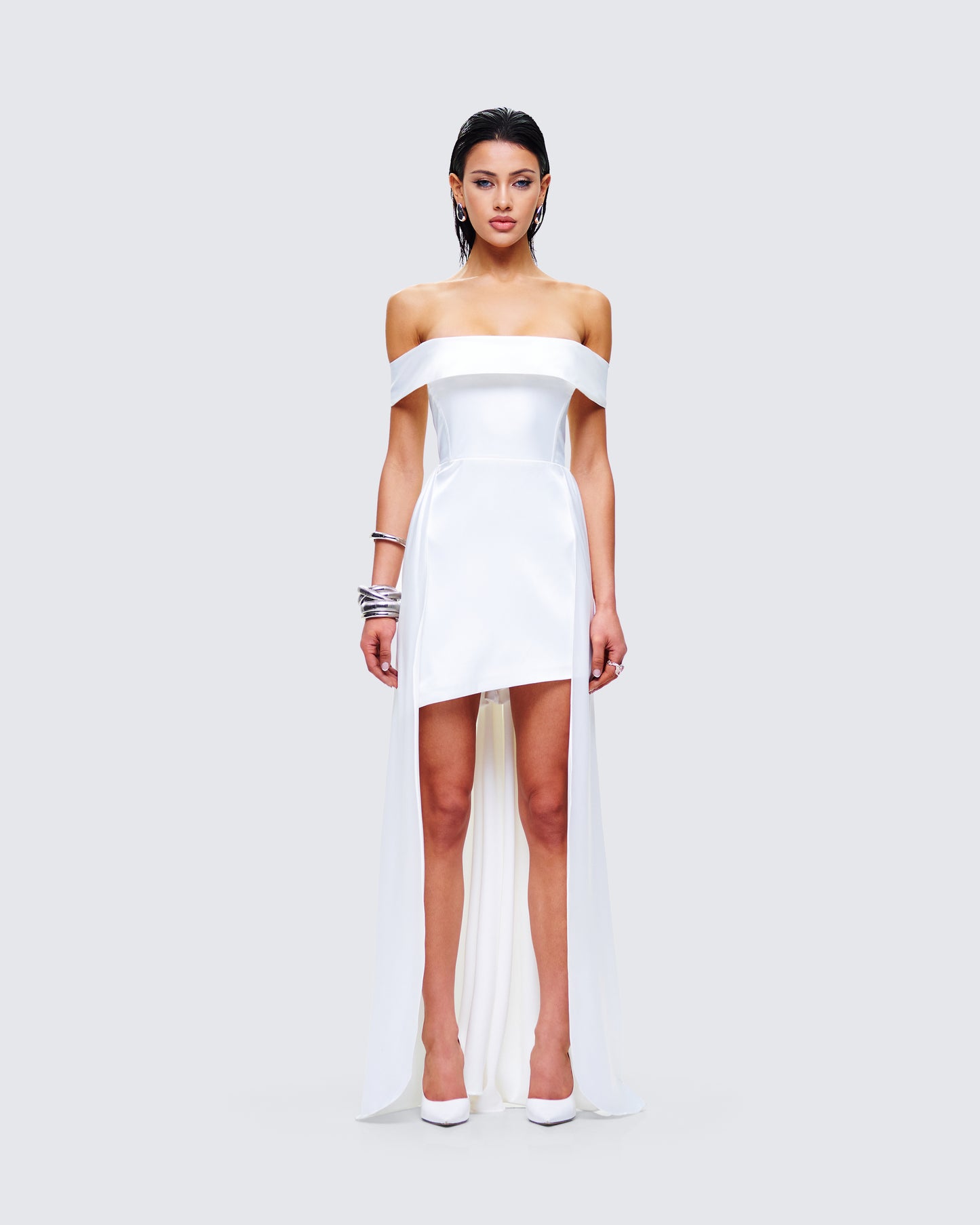 Aika White Off Shoulder High Low Dress model front