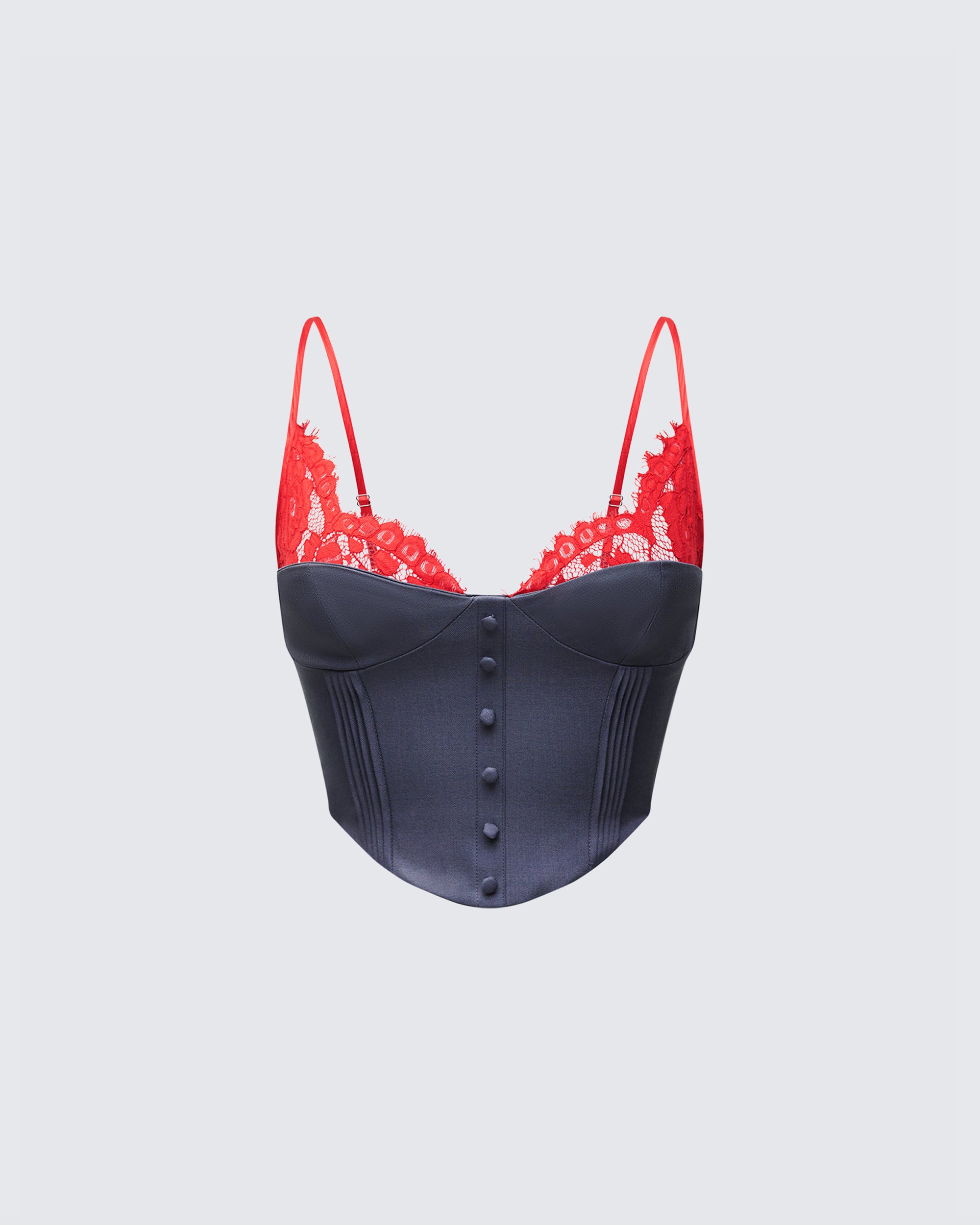 Navy Corset Top with Red Lace - Bustier Style – FINESSE Navy Corset Top with Red Lace - Bustier Style – FINESSE