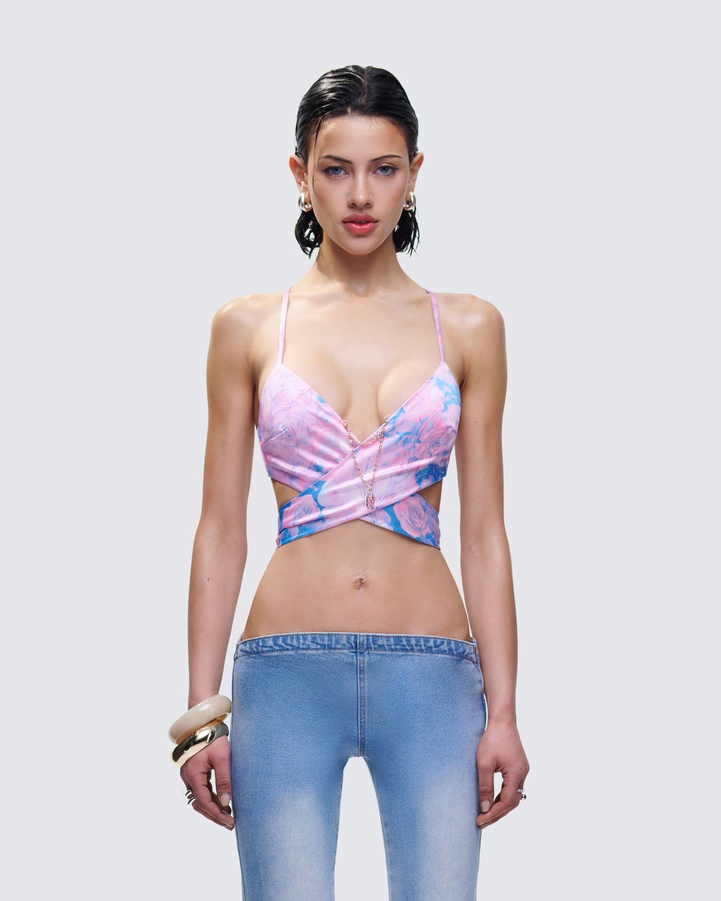 Aiyana Multi Floral Print Wrap Top model front
