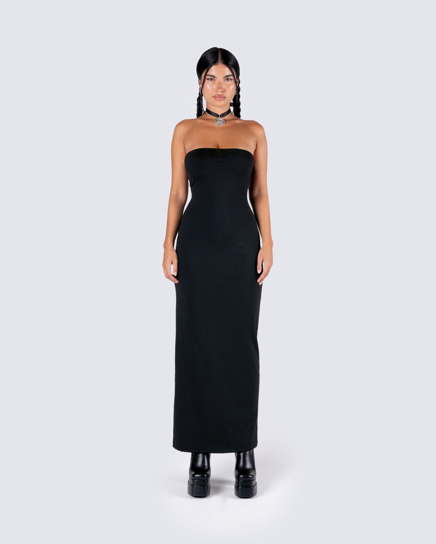 Akari Black Jersey Tube Maxi Dress model front