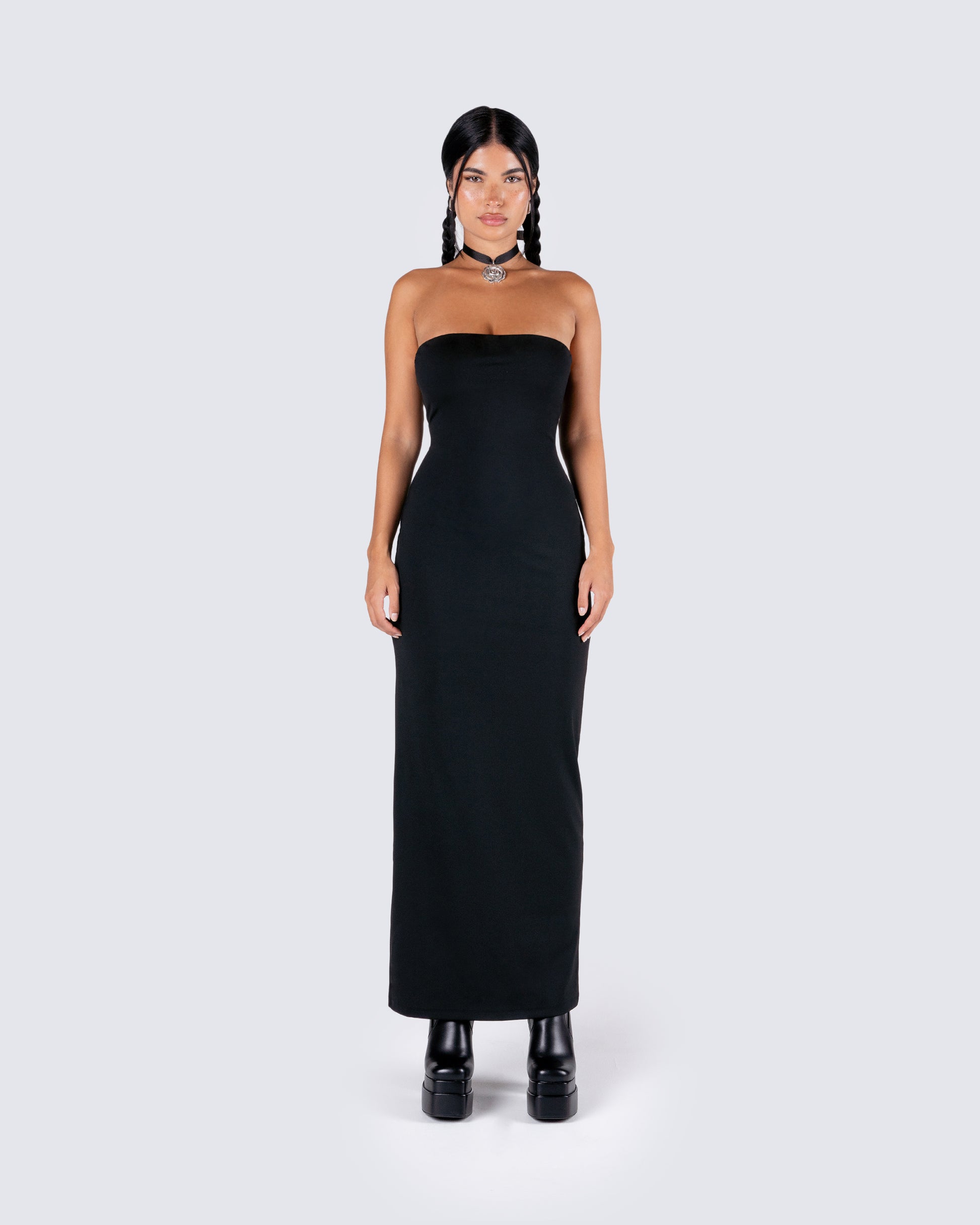 Akari Black Jersey Tube Maxi Dress model front