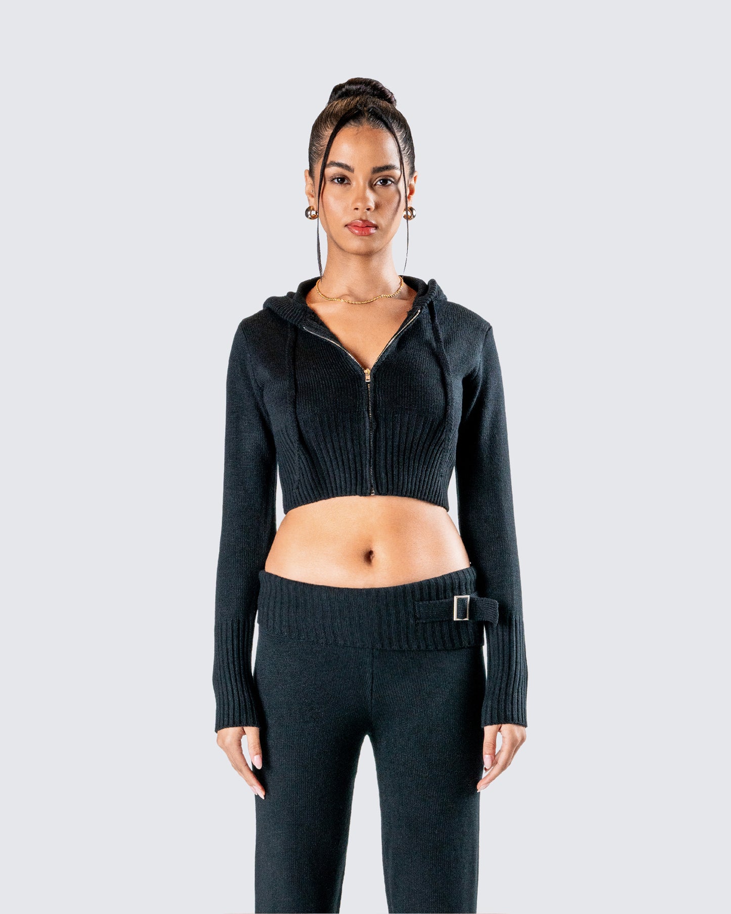 Alyssa Black Knit Cropped Jacket model front