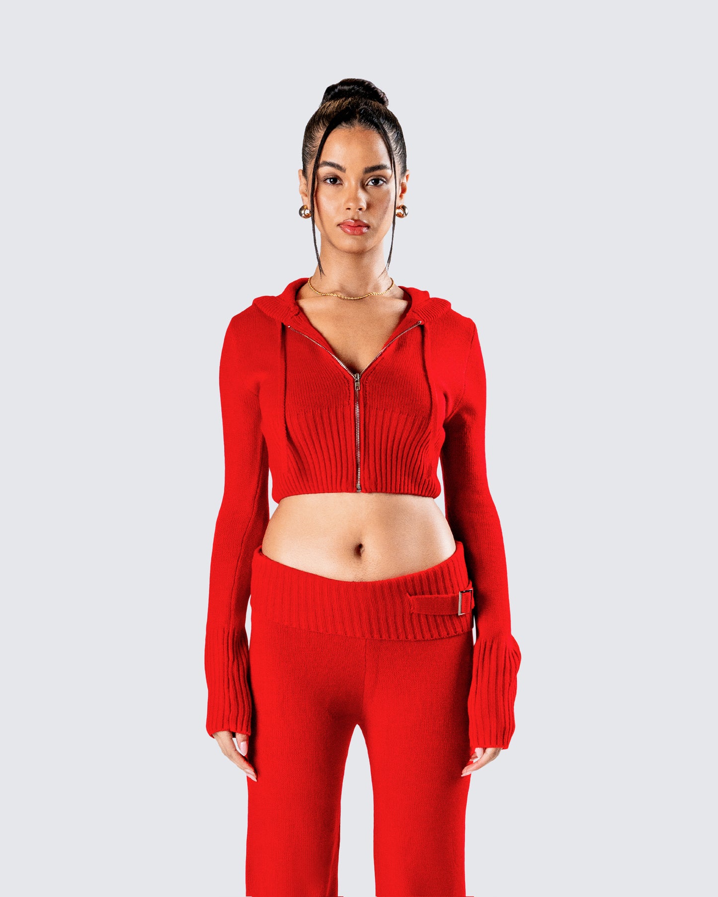 Alyssa Red Knit Cropped Jacket model front
