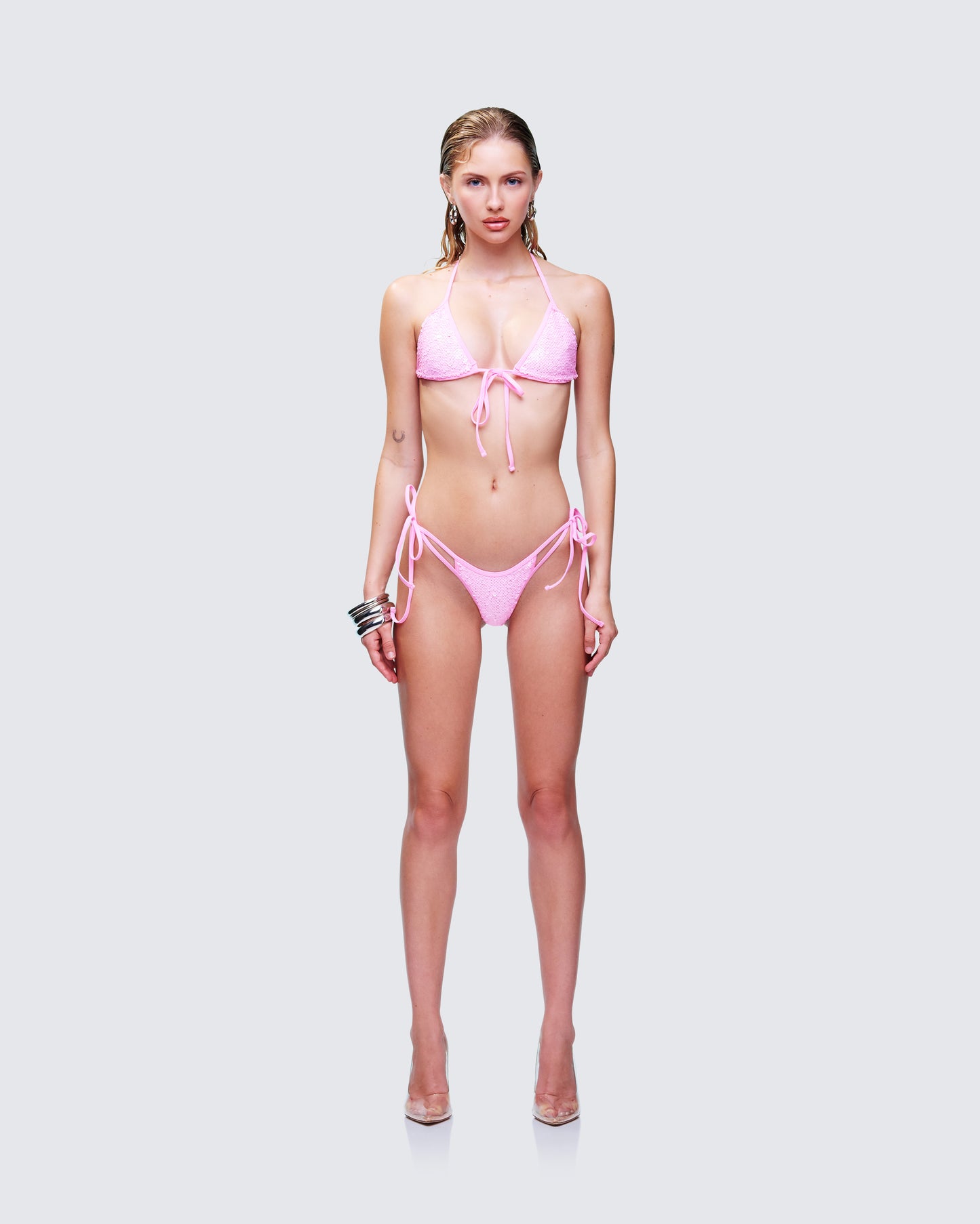 Amal Pink Sequin Bikini Set model front