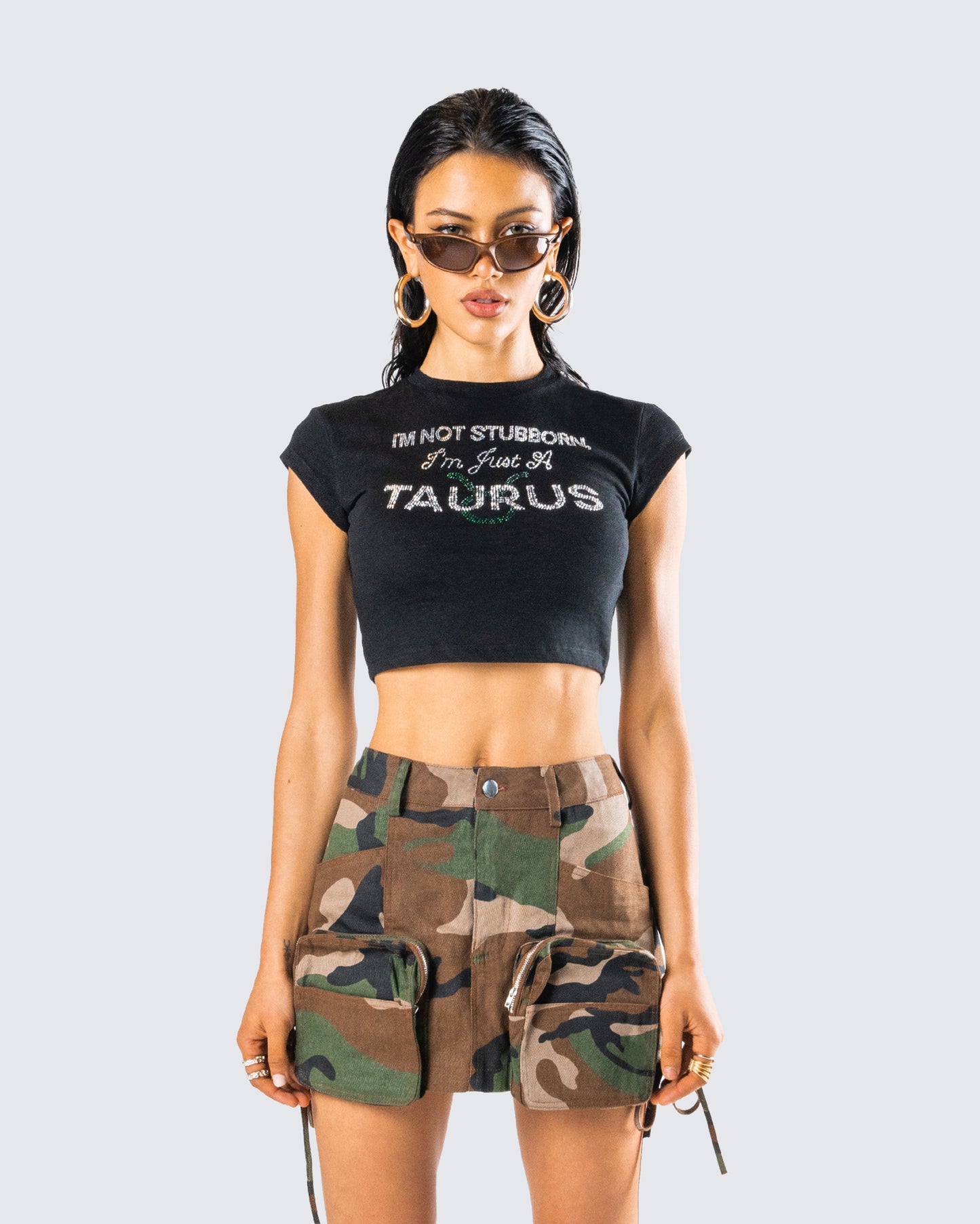 Amity Black Taurus Graphic Top model front
