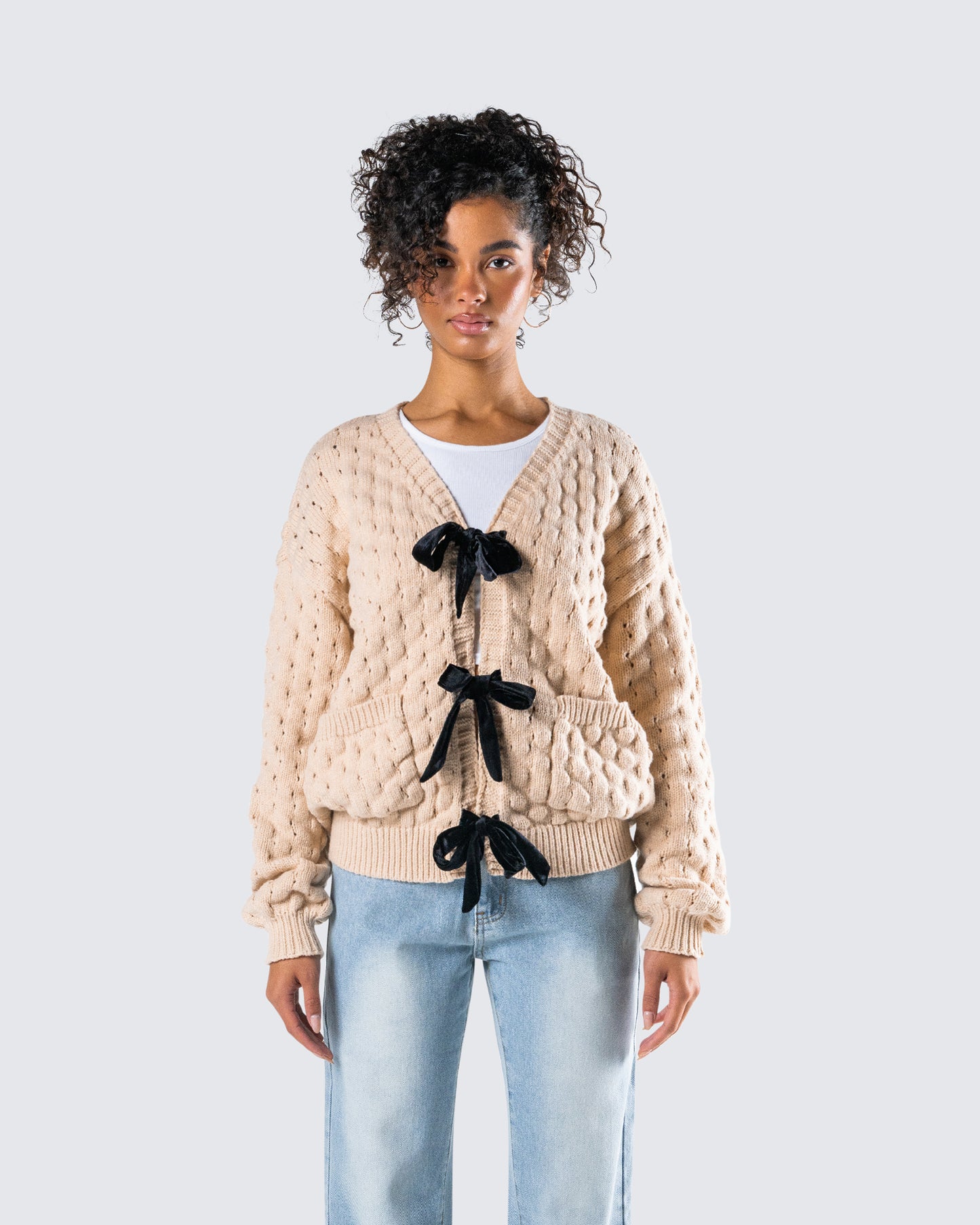 Andra Beige Bubble Knit Cardigan model front