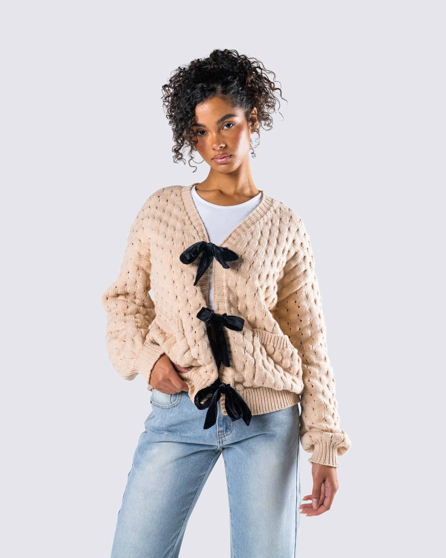 Andra Beige Bubble Knit Cardigan