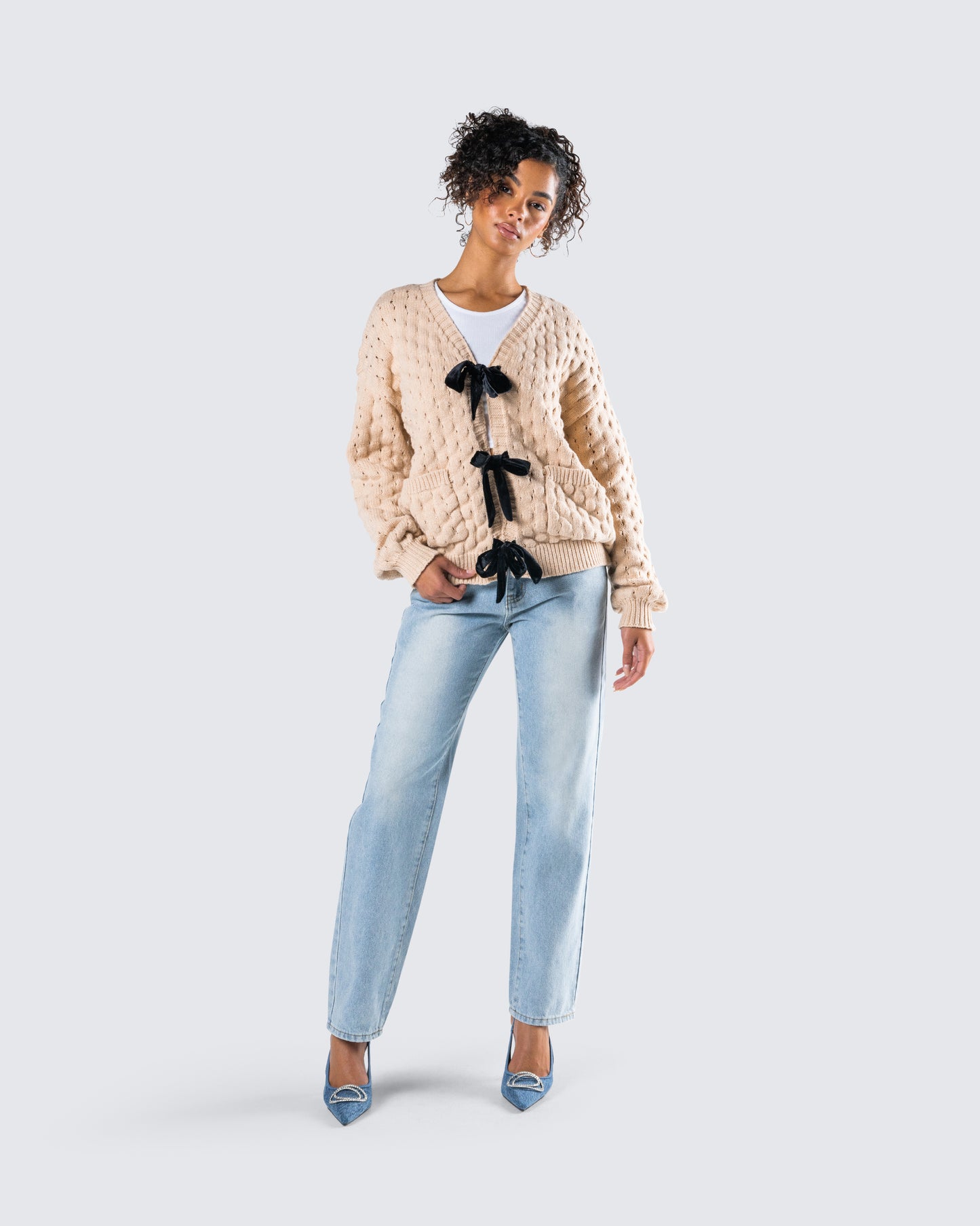 Andra Beige Bubble Knit Cardigan