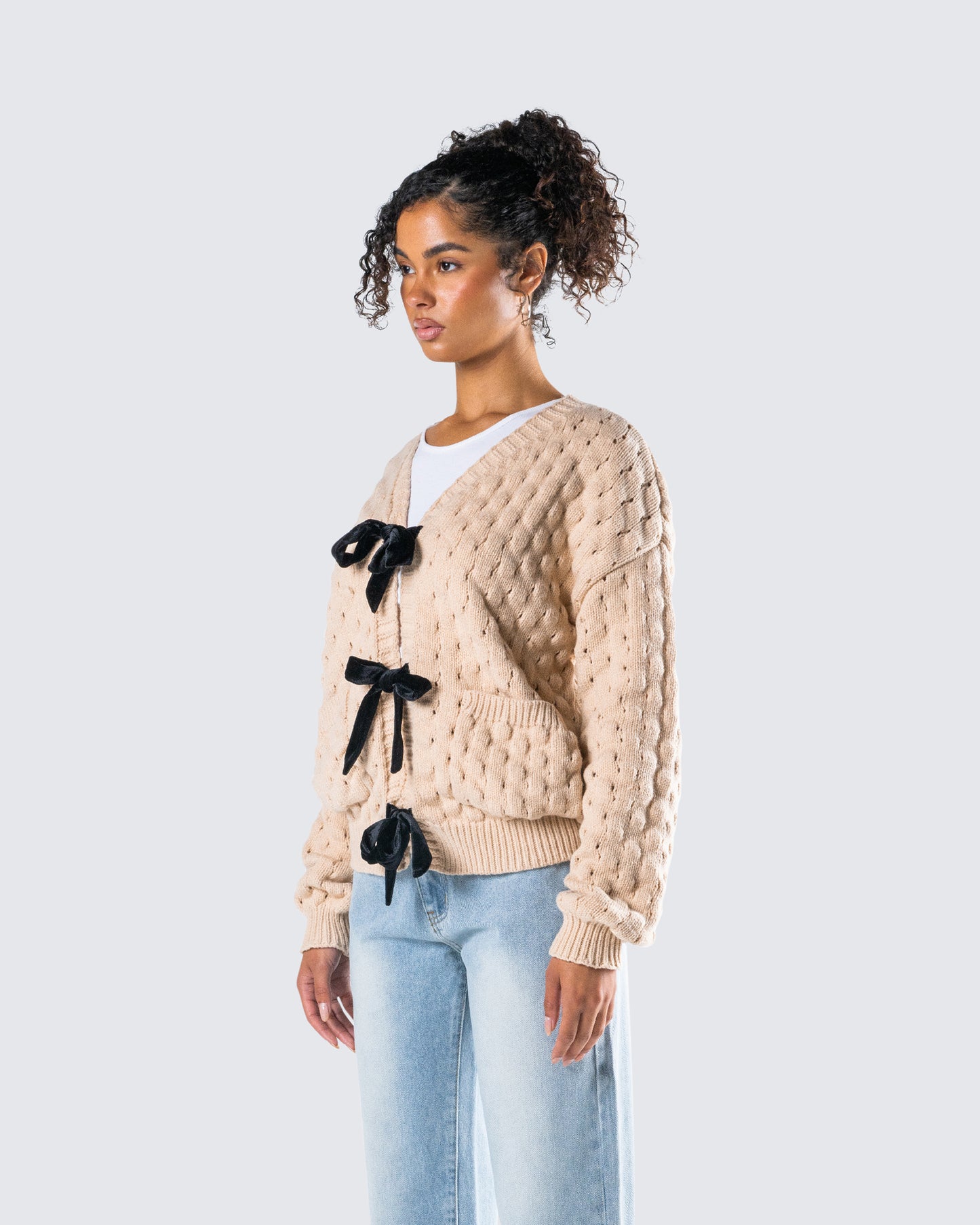 Andra Beige Bubble Knit Cardigan