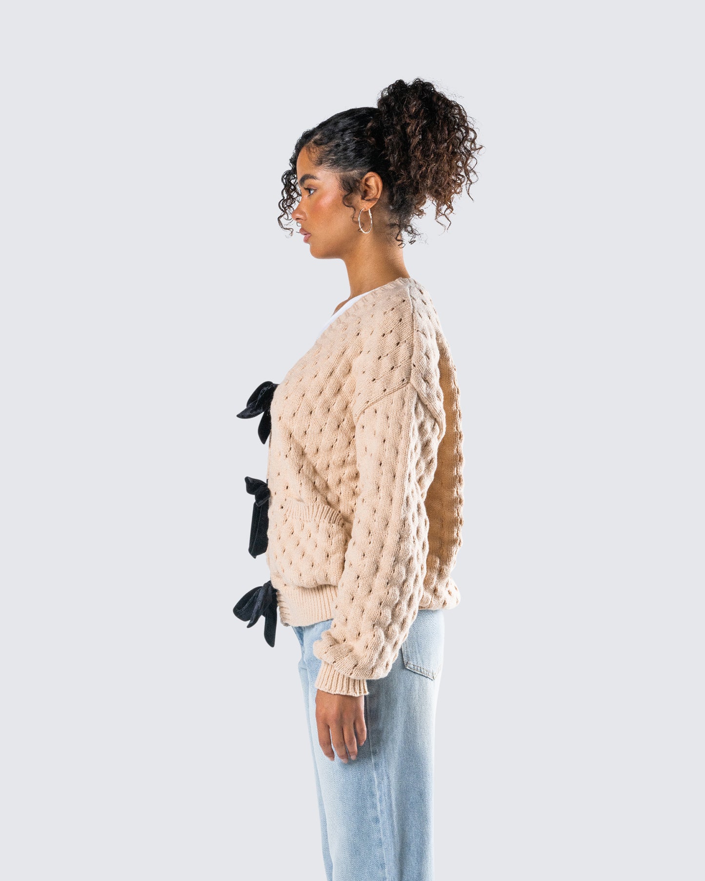 Andra Beige Bubble Knit Cardigan