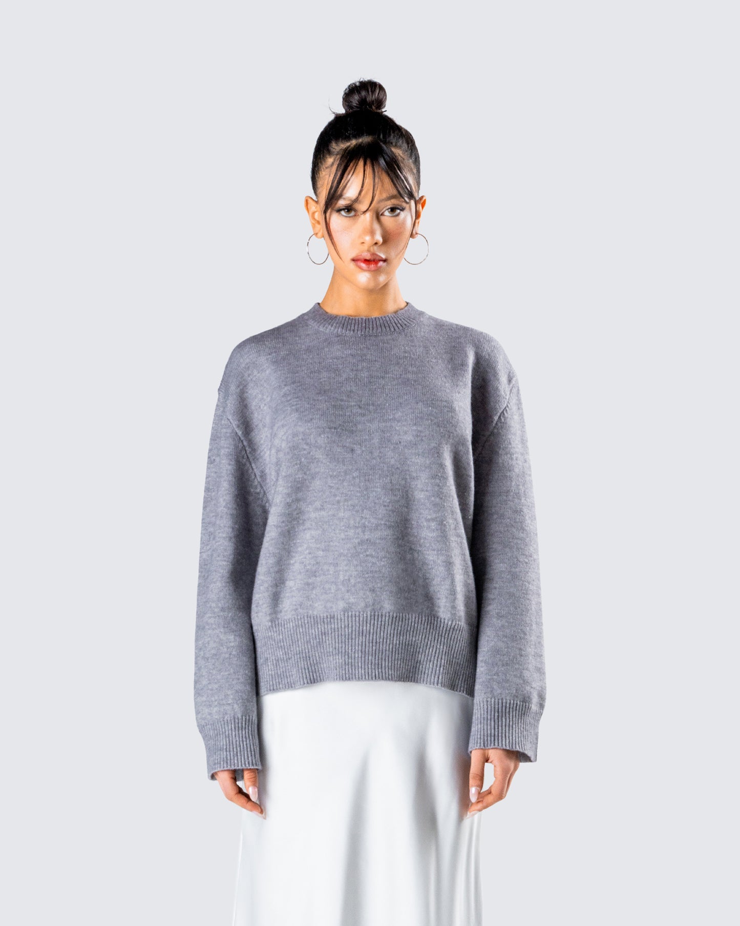 Angela Grey Sweater Knit Top model front
