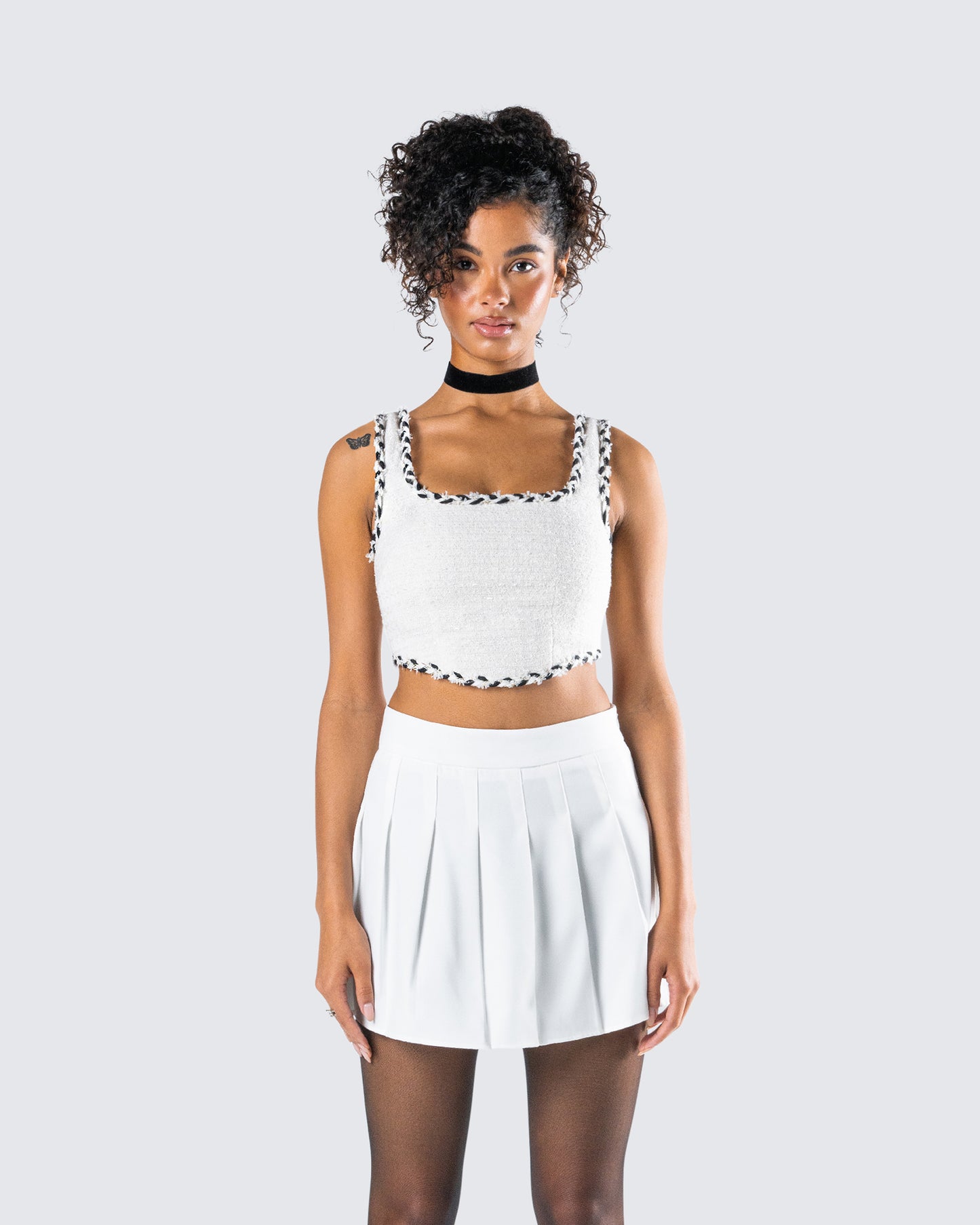 Anjali Ivory Tweed Bustier Top model front