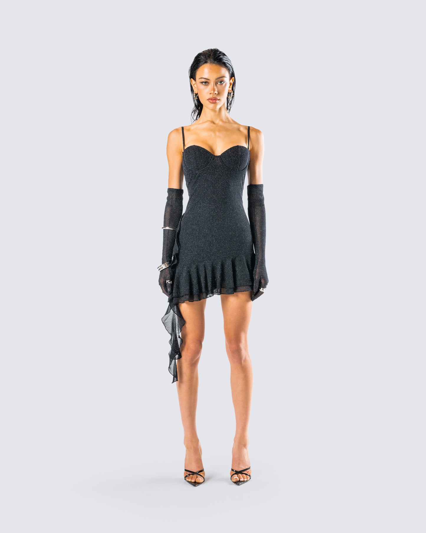 Anyssa Black Shimmer Mini Dress And Gloves model front