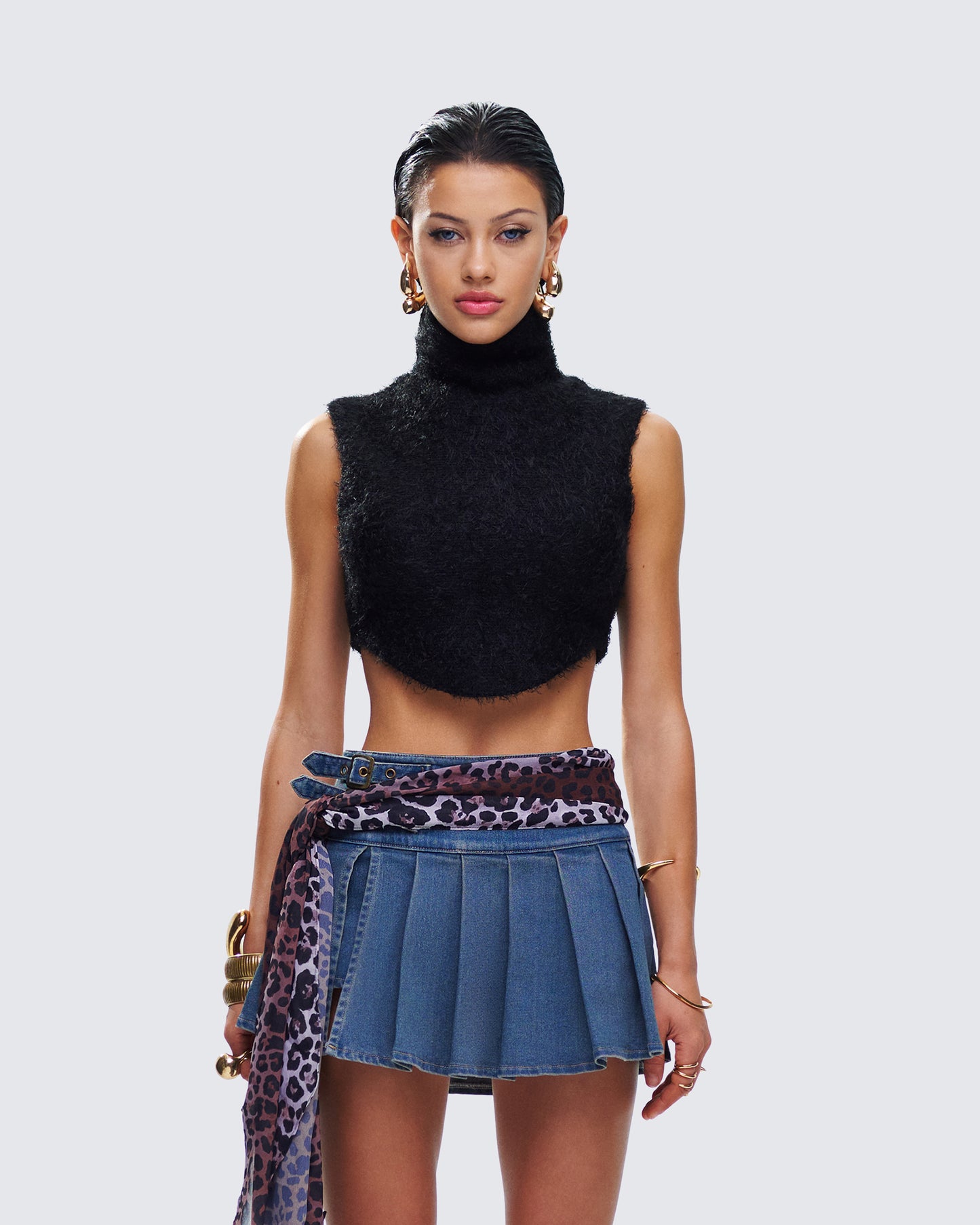 Ara Black Fuzzy Turtleneck Crop Top model front