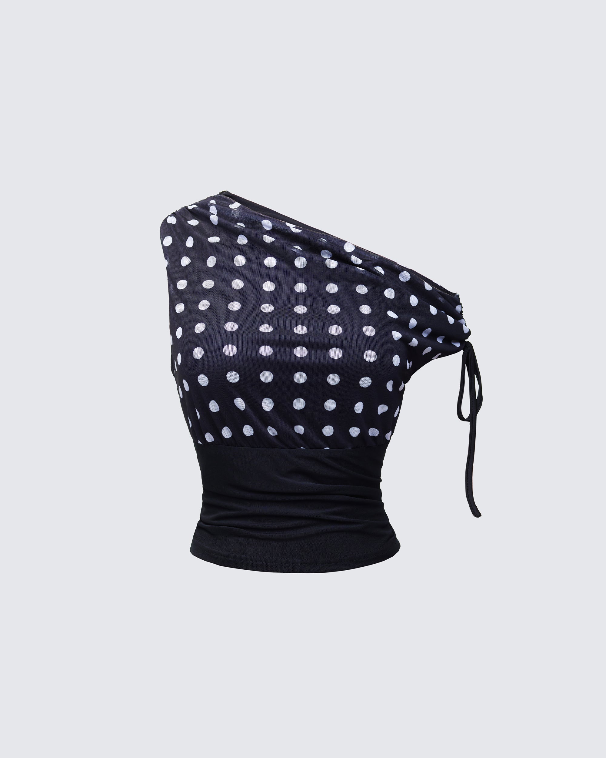 Black Polka Dot One Shoulder Top - Mesh Crop Ruched – FINESSE