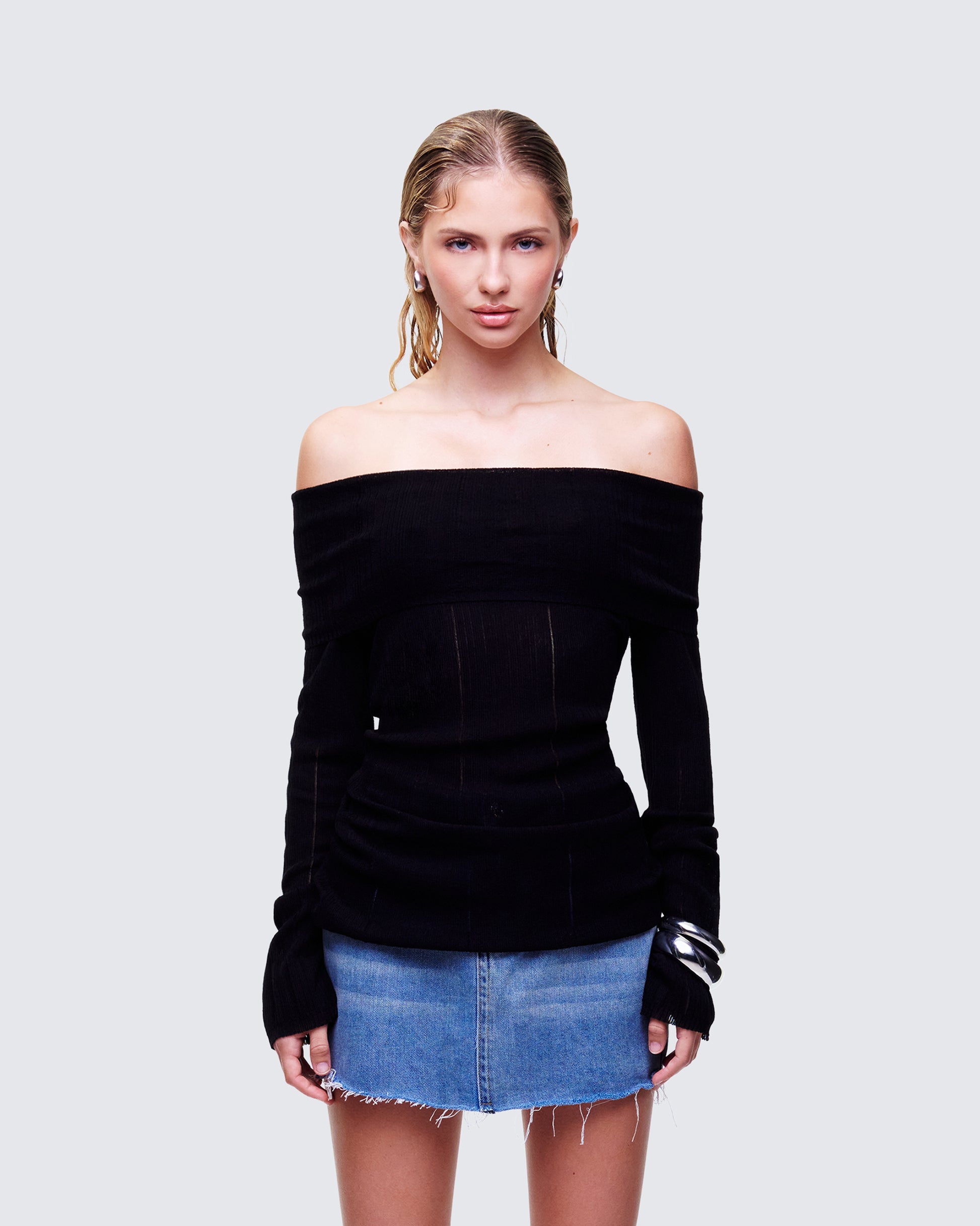 Arlina Black Fine Knit Top model front