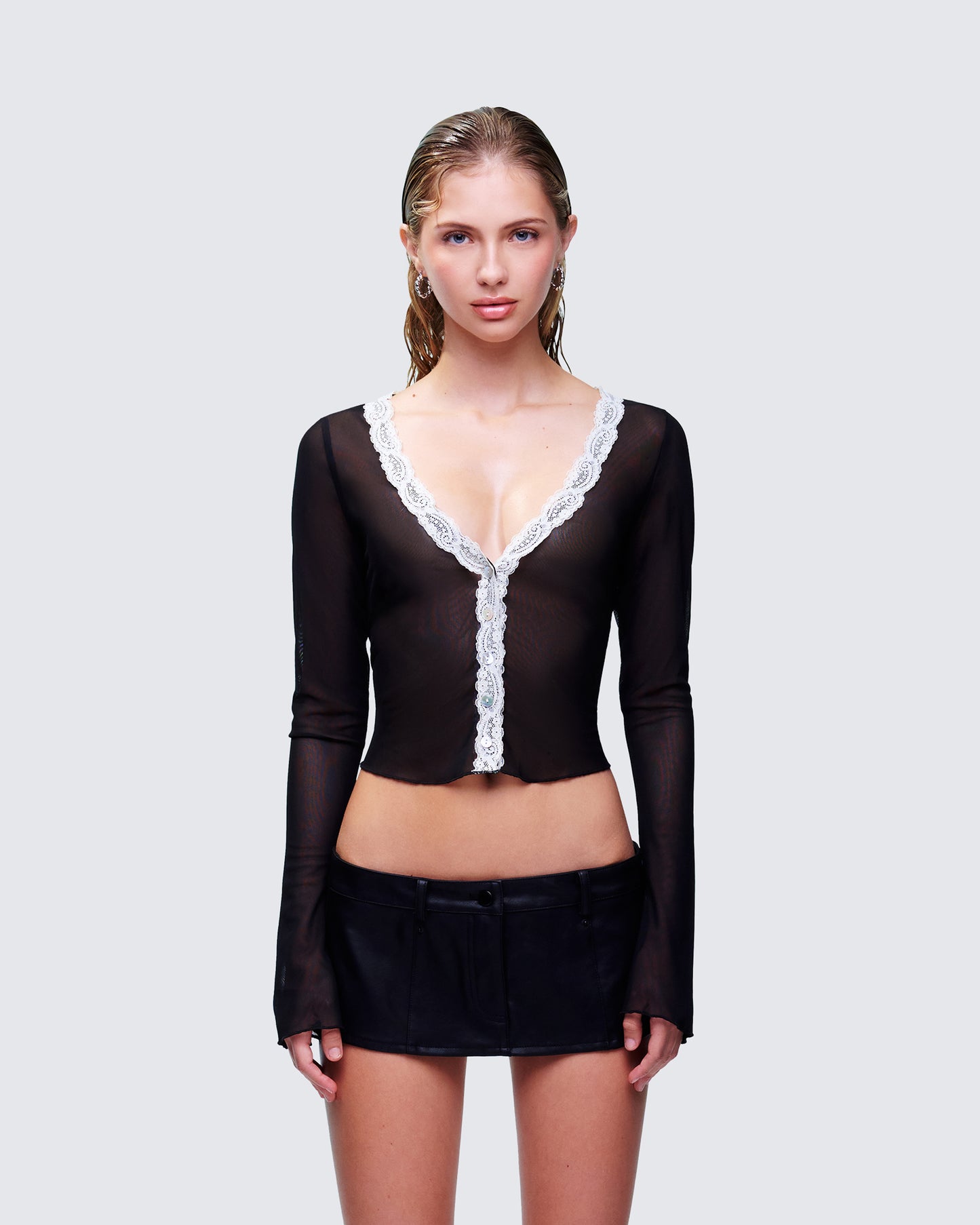 Aurelia Black Long Sleeve Mesh Top model front